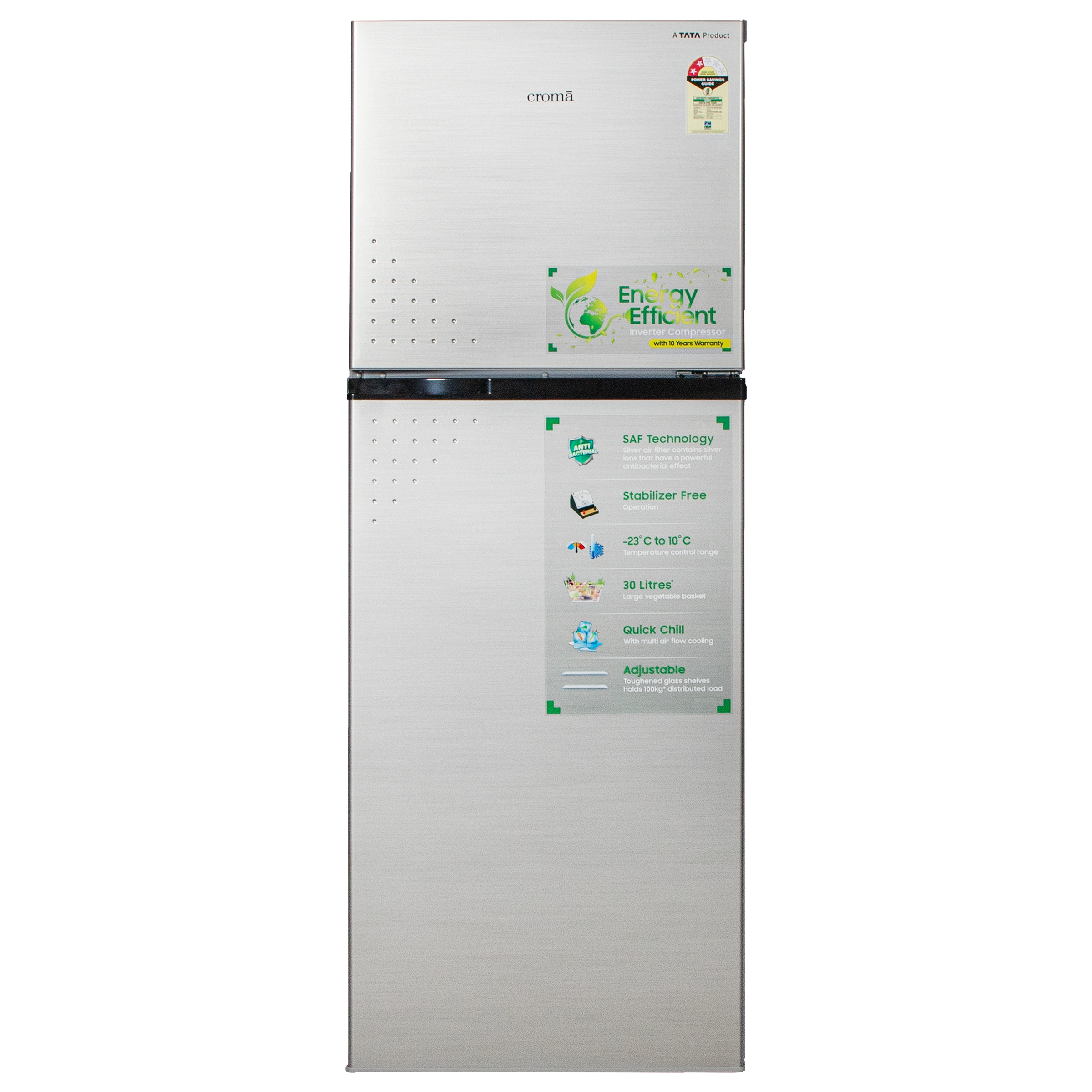 

Croma 270 Litres 2 Star Frost Free Double Door Refrigerator with Multi Air Flow System (CRLR272FFC259601, Shining Silver), No color