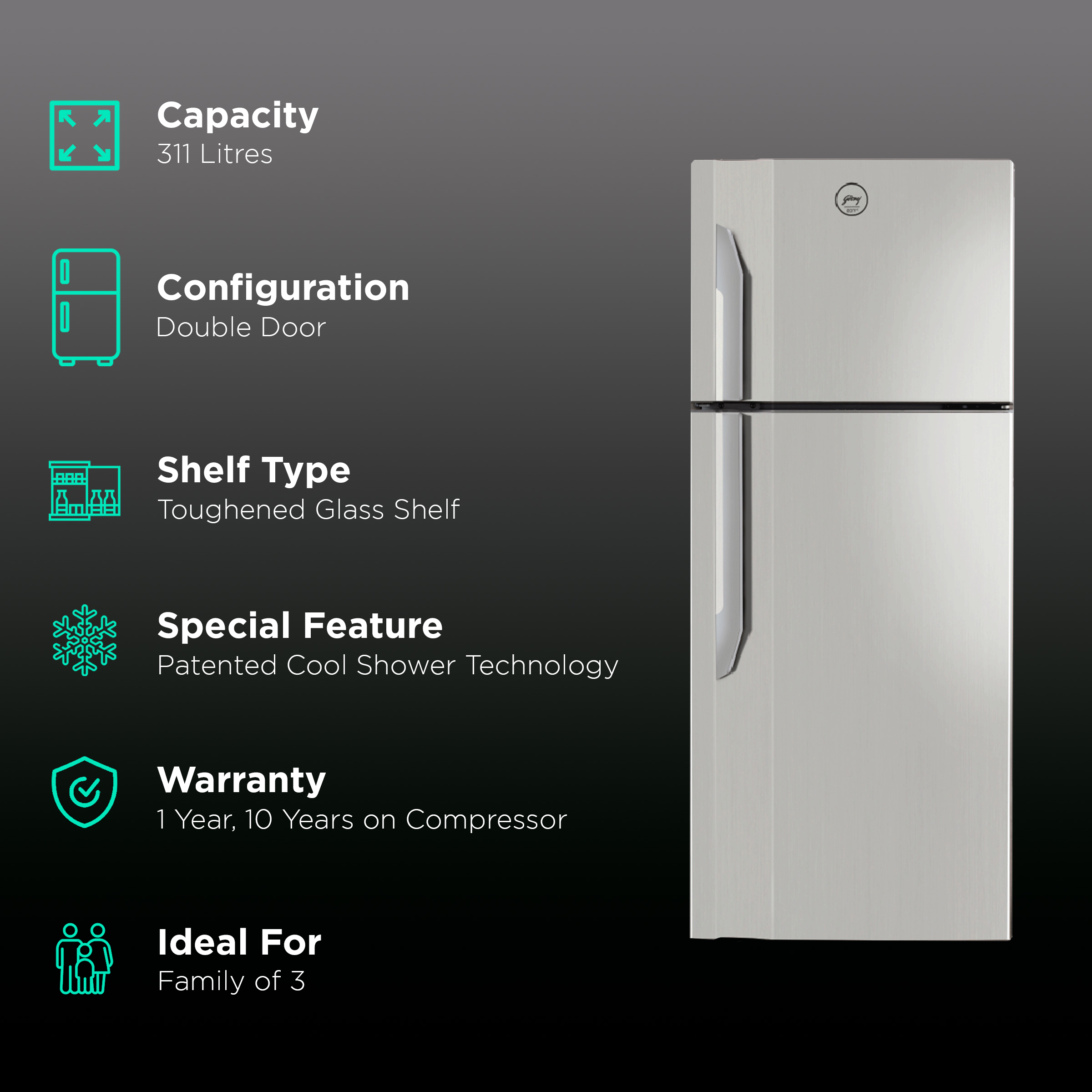 Godrej Eon Vibe 311 Litres 2 Star Frost Free Double Door Refrigerator with Cool Shower Technology (RT EON VIBE 326B 25 HCF, Steel Rush)_2
