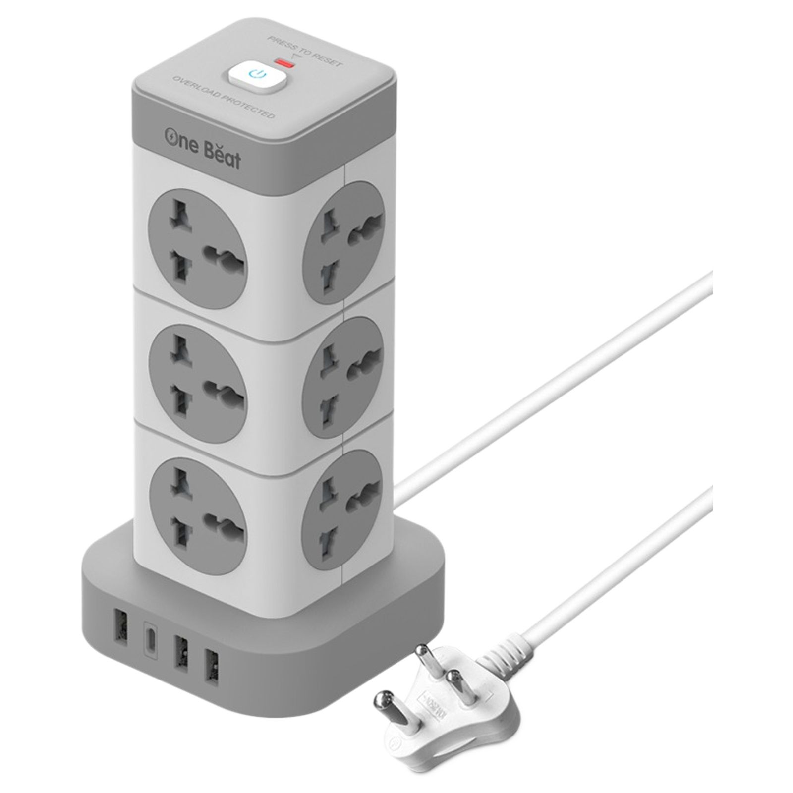 One Beat Tower 10 Amps 12 Sockets Extention Board (2 Meters, Auto Shut Off, OB-201242-U, White and Grey)