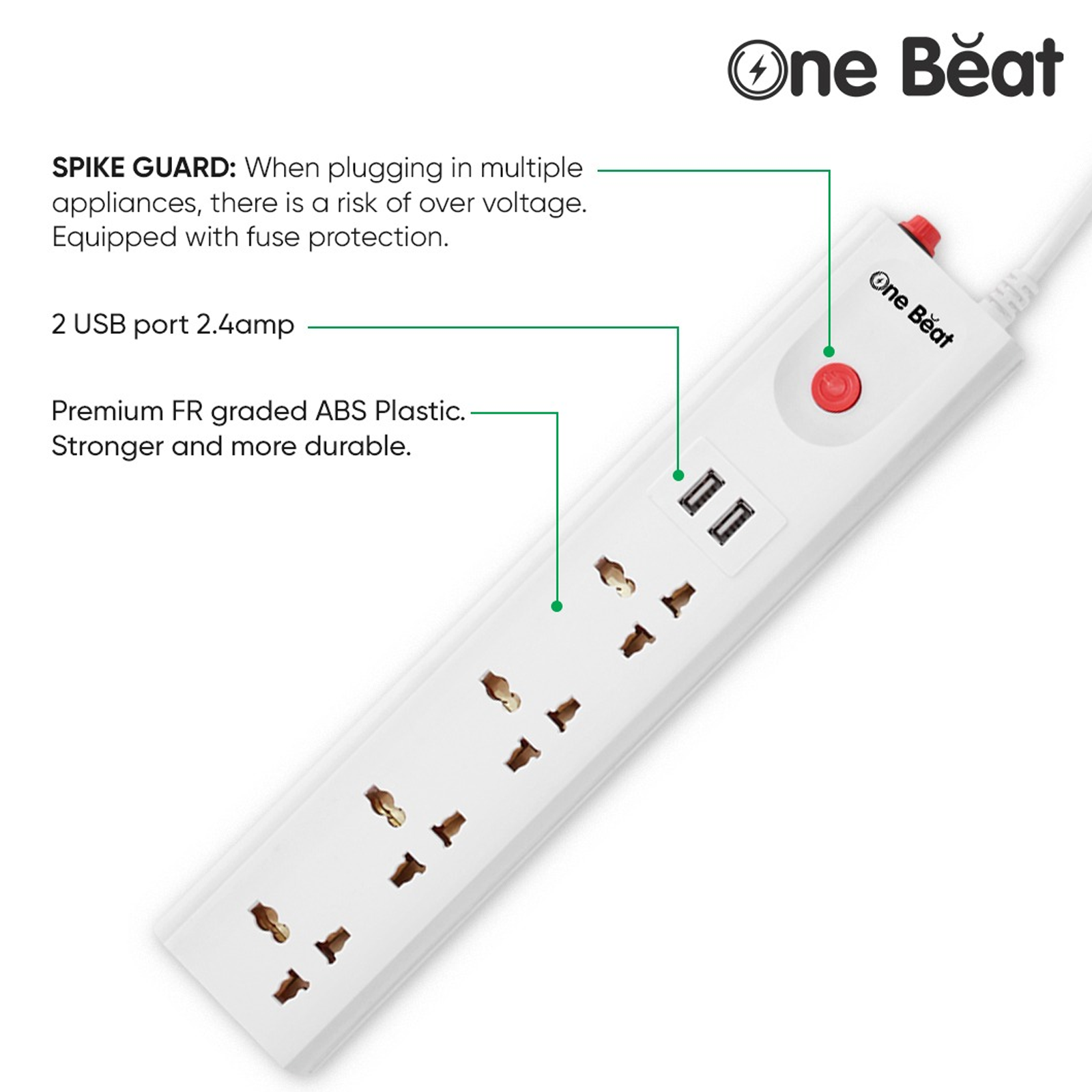 One Beat Spark 4 Plus 10 Amps 4 Sockets Extension Board (2 Meters, Short Circuit Protection, OB-20422-U, White)_2
