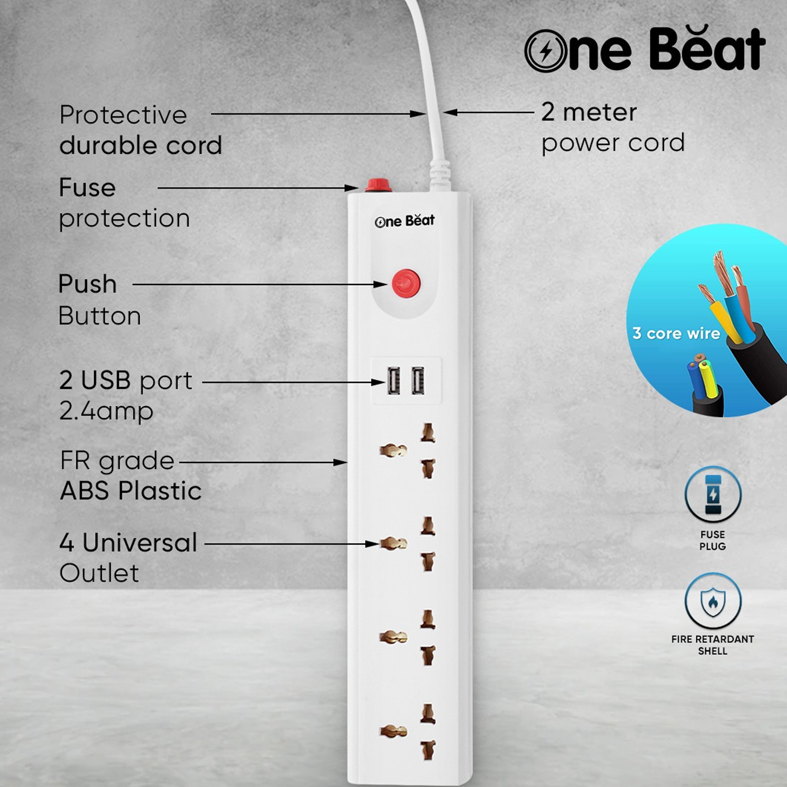 One Beat Spark 4 Plus 10 Amps 4 Sockets Extension Board (2 Meters, Short Circuit Protection, OB-20422-U, White)_4