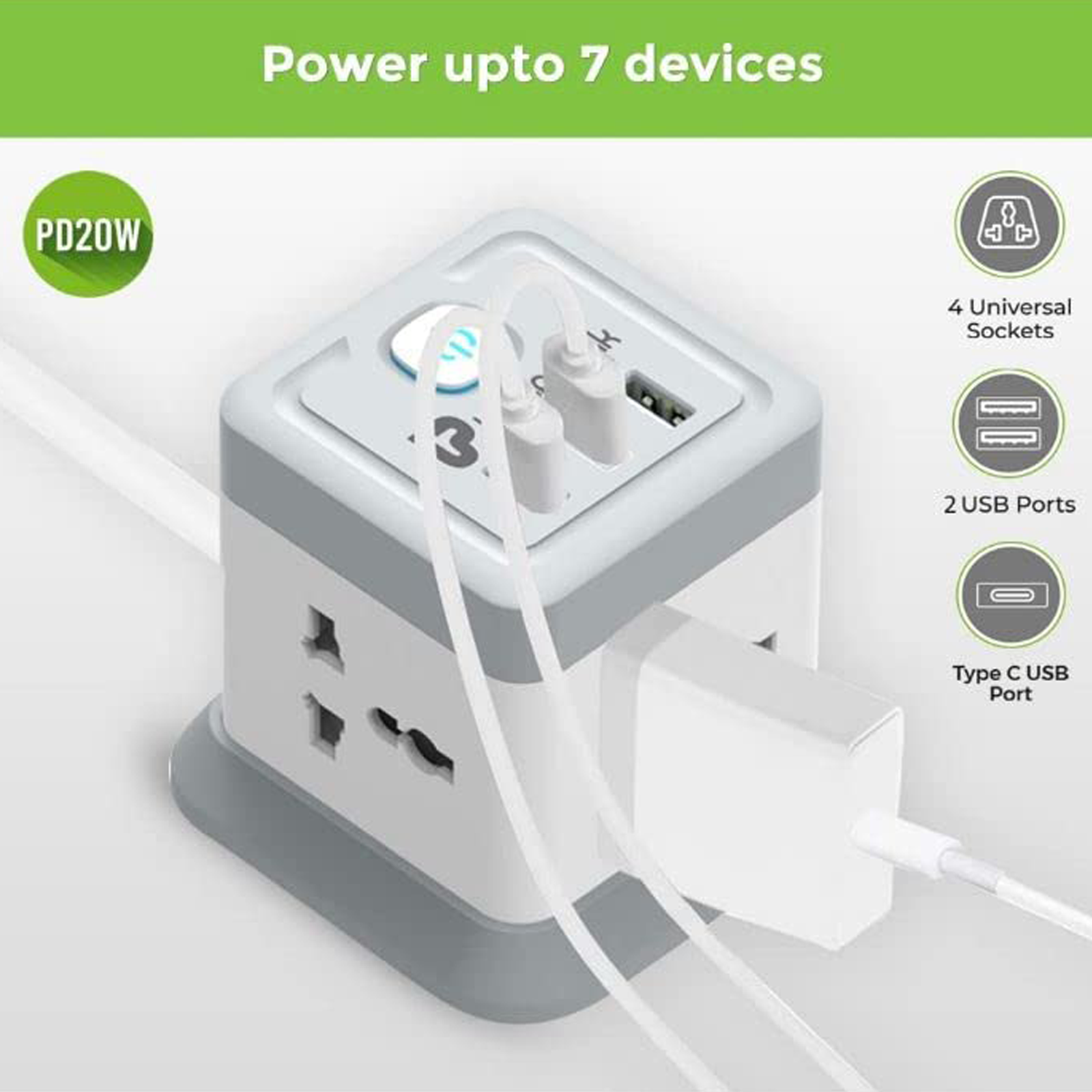 Ultraprolink Qube 6 Amps 4 Sockets Surge Protector (2 Meters, 20 Watts PD Type C Port, UM1050U, White)_2