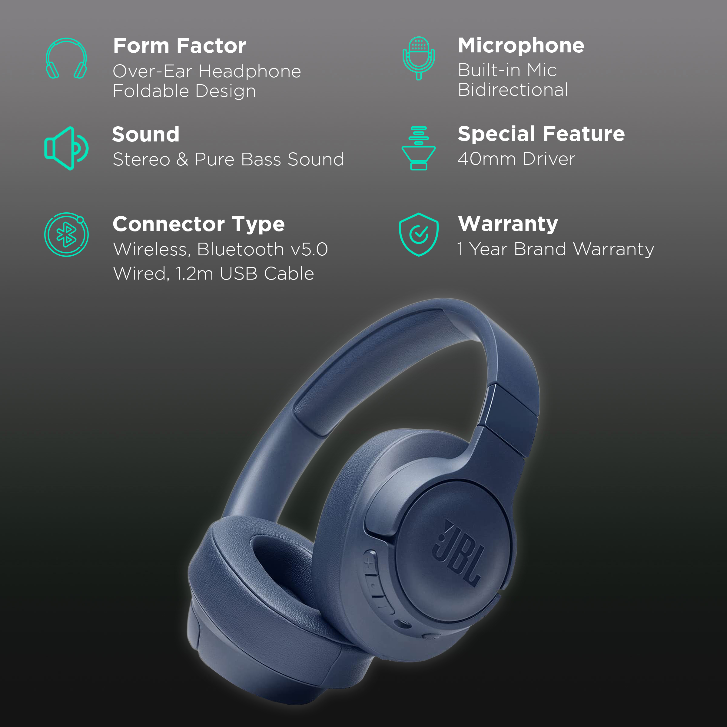 Buy JBL Tune 710 JBLT710BTBLU Bluetooth Headset with Mic (50 Hours  Playback, Over Ear, Blue) Online – Croma