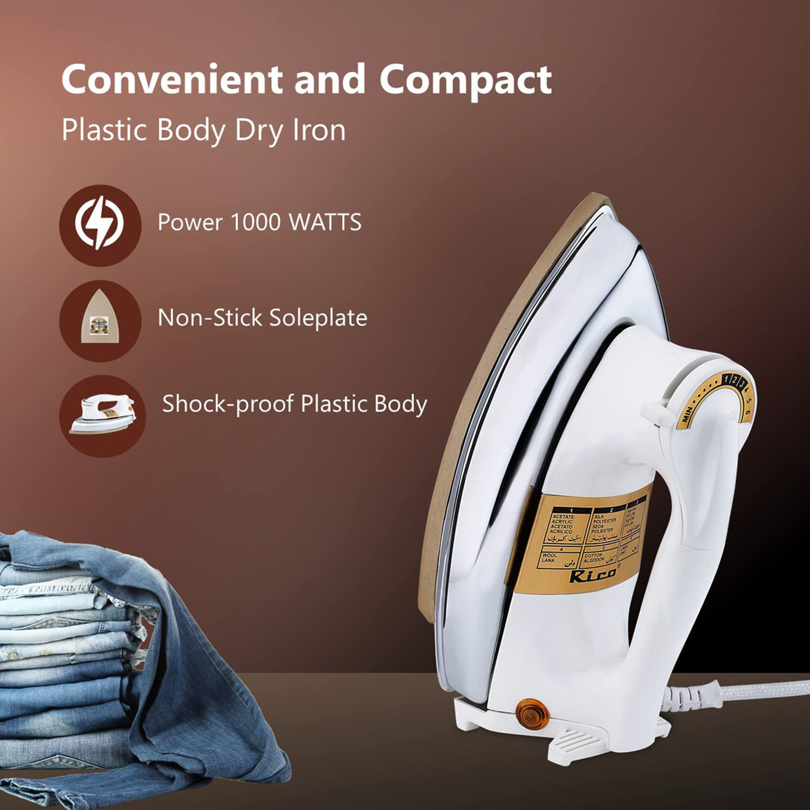 Buy Rico AI13 1000 Watts Dry Iron (Heavy Weight 2kg, White/Silver