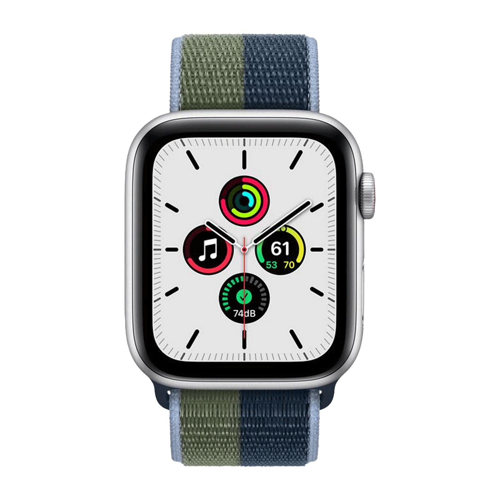 

Apple Watch SE with Abyss Blue/Moss Green Sport Loop (40mm Retina LTPO OLED Display, Silver Aluminium Case), No color