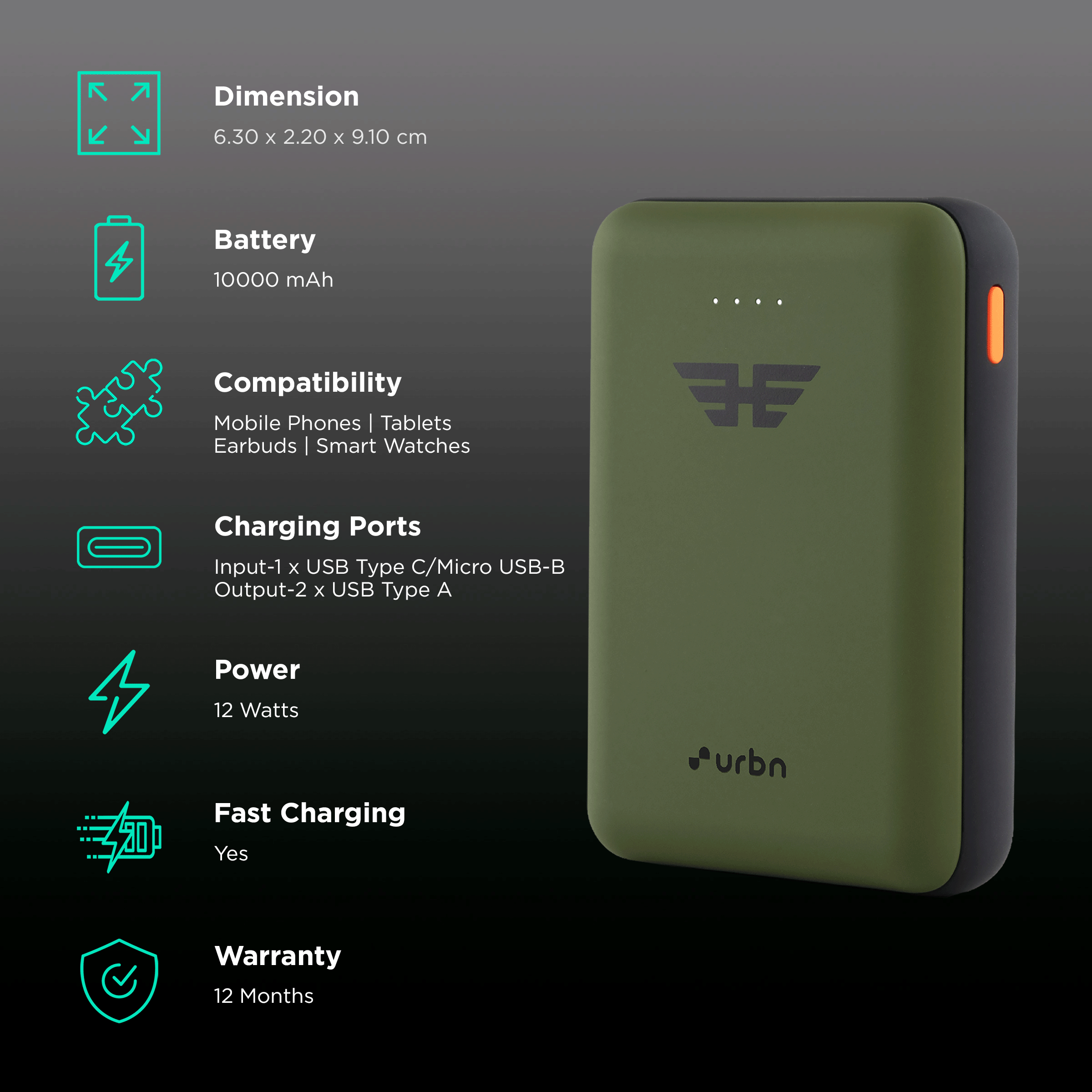Buy URBN 10000 mAh 12W Fast Charging Power Bank (1 Micro USB Type B, 1 Type  C & 2 Type A Ports, Ultra Compact Casing, LED Charging Indicator, Camo)  Online - Croma