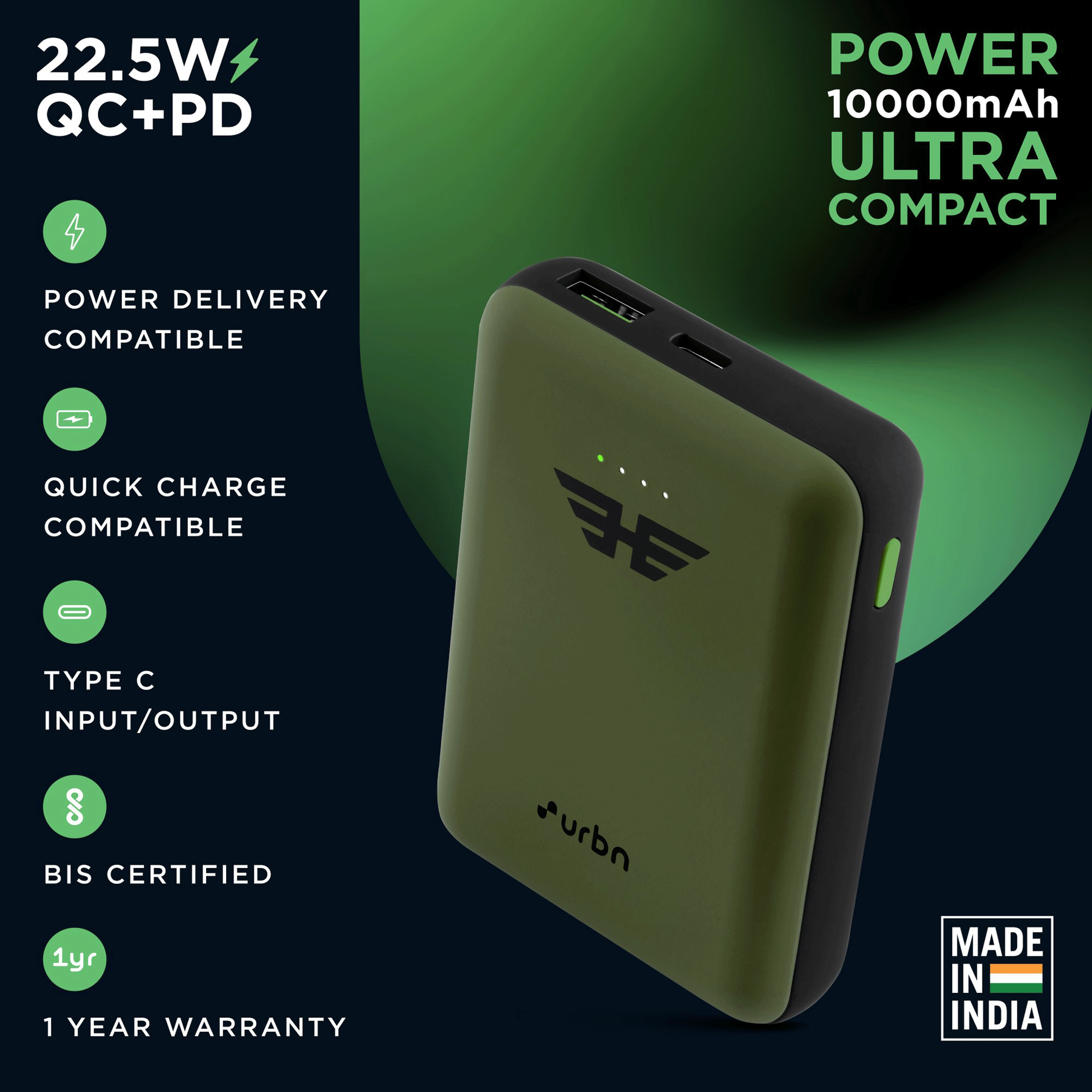 Buy urbn Ultra Compact 27000 mAh 22.5W Fast Charging Power Bank (2 Type A &  1 Type C, Soft Touch Finish, LED Charge Indicator, Camo) Online - Croma