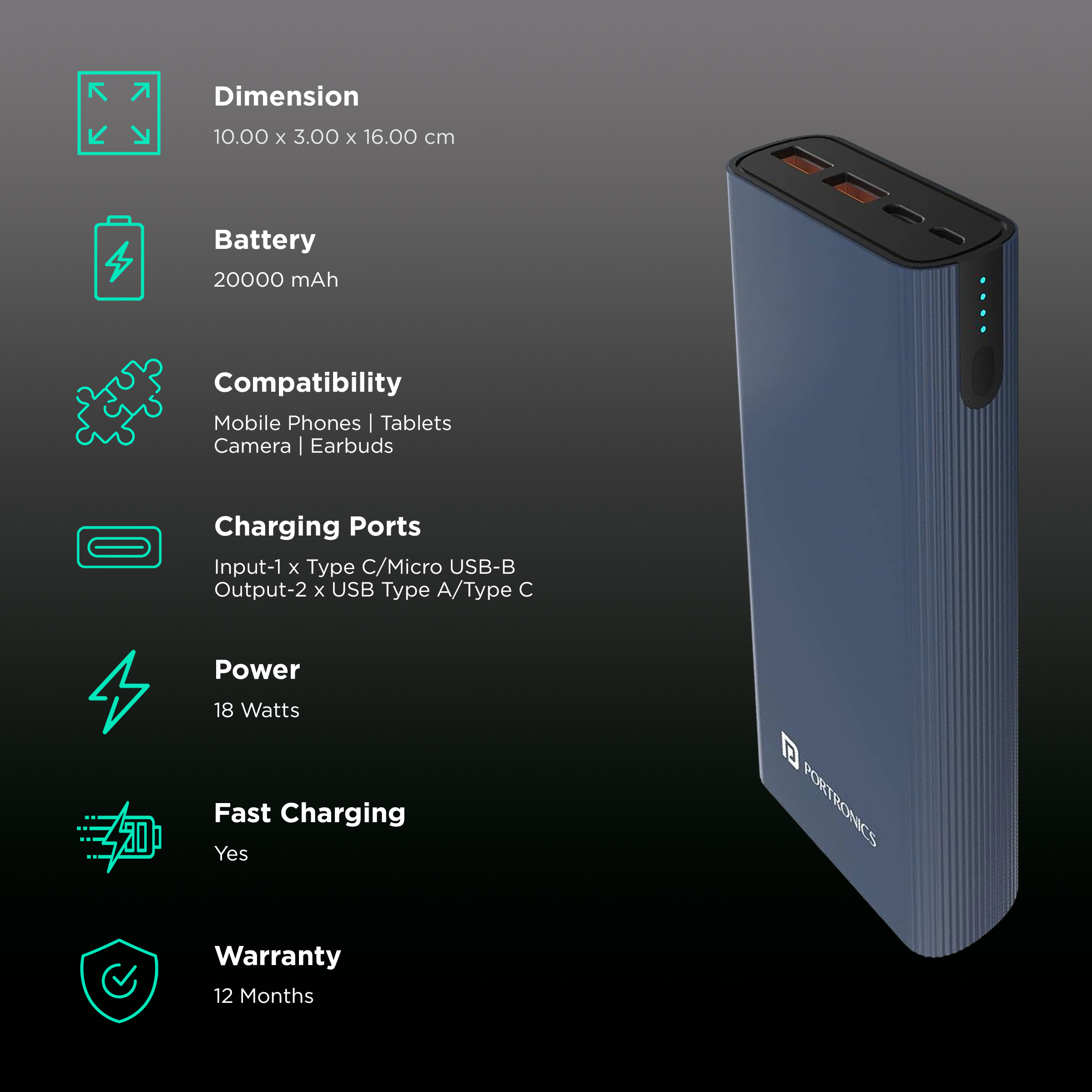 Buy Portronics Power M 20000 mAh 18W Fast Charging Power Bank (1 Micro USB  Type B, 1 Type C & 2 Type A Ports, Over-Voltage Protection, Blue) Online -  Croma