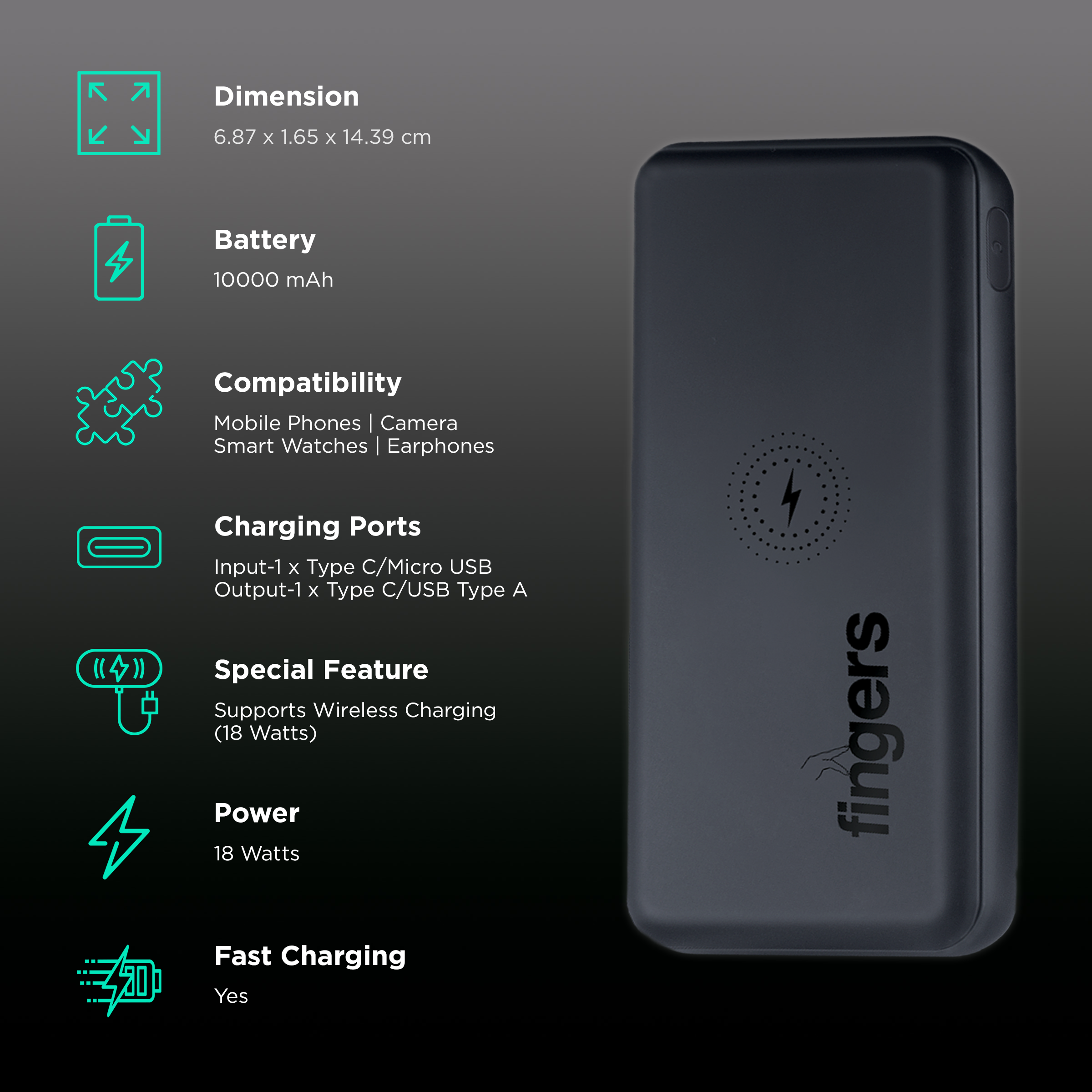 Buy Fingers Pro Wireless PD-QC 10000 mAh 18W Fast Charging Power