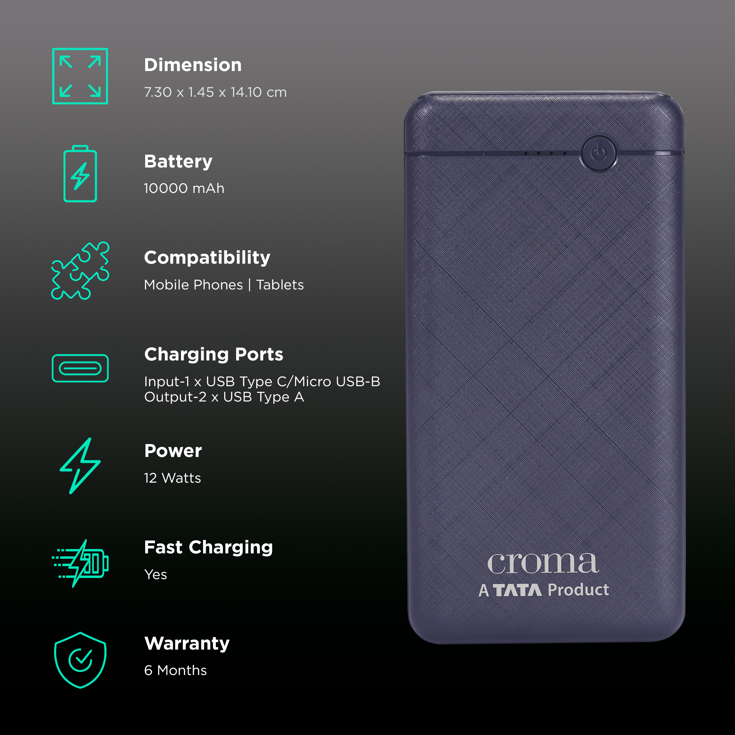 Croma 10000 mAh 12W Fast Charging Power Bank (1 Micro USB Type B, 1 Type C & 2 Type A Ports, Short Circuit Protection, Blue)_2