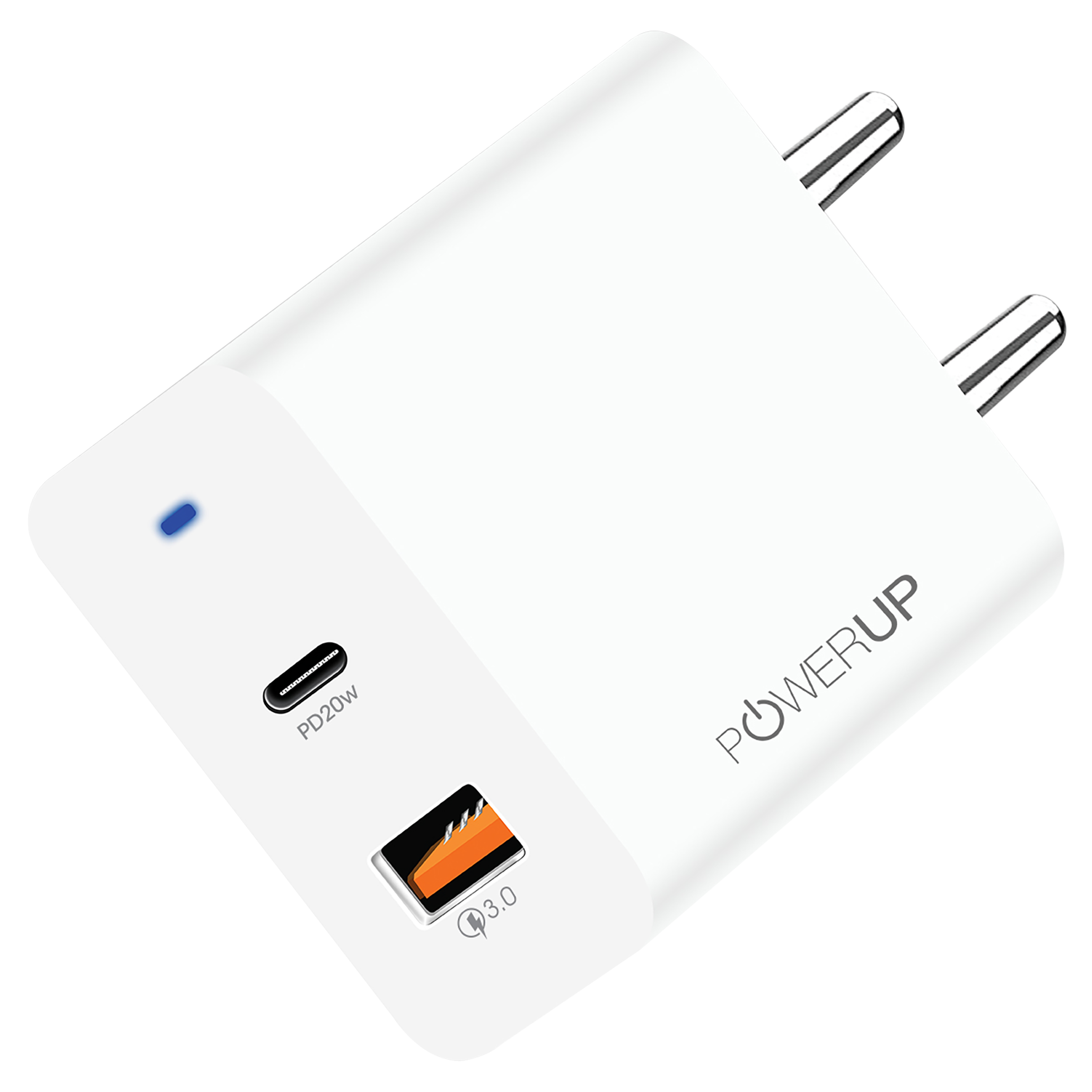 POWERUP 20W Type A & Type C 2-Port Fast Charger (Type C & Lightning Cable, Short-Circuit Protection, White)