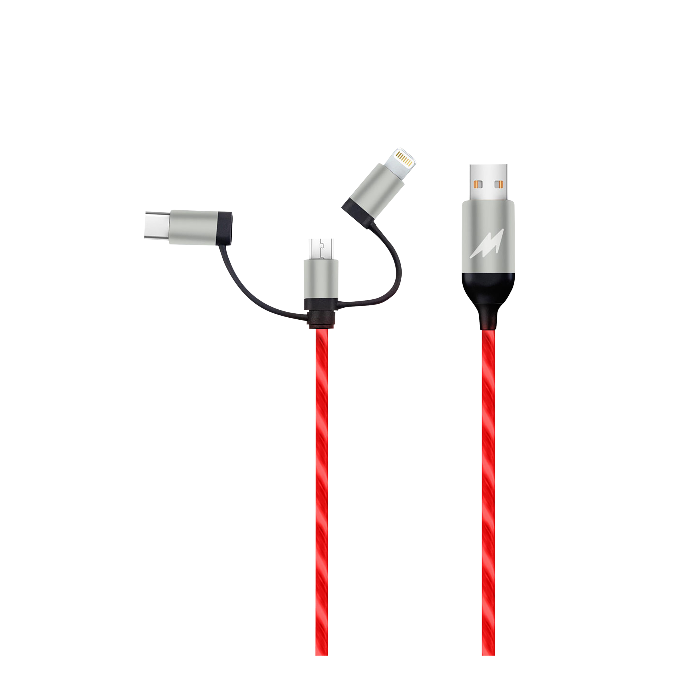 

Macmerise Illume Type A to Type C, Micro USB, Lightning 3.3 Feet (1M) 3-in-1 Cable (LED Light Flow, Red)