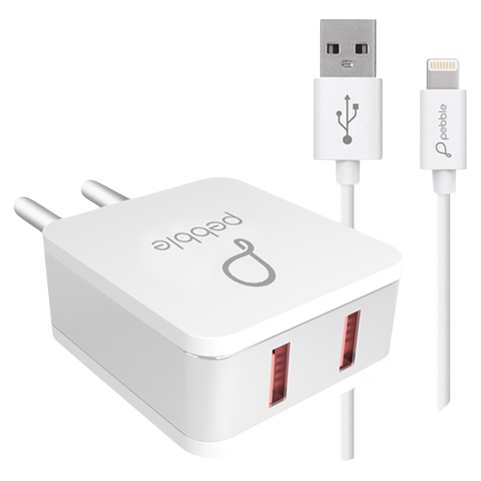 Pebble 12W Type A 2-Port Fast Charger (Type A to Lightning Cable, 10 Way Circuit Protection, White)