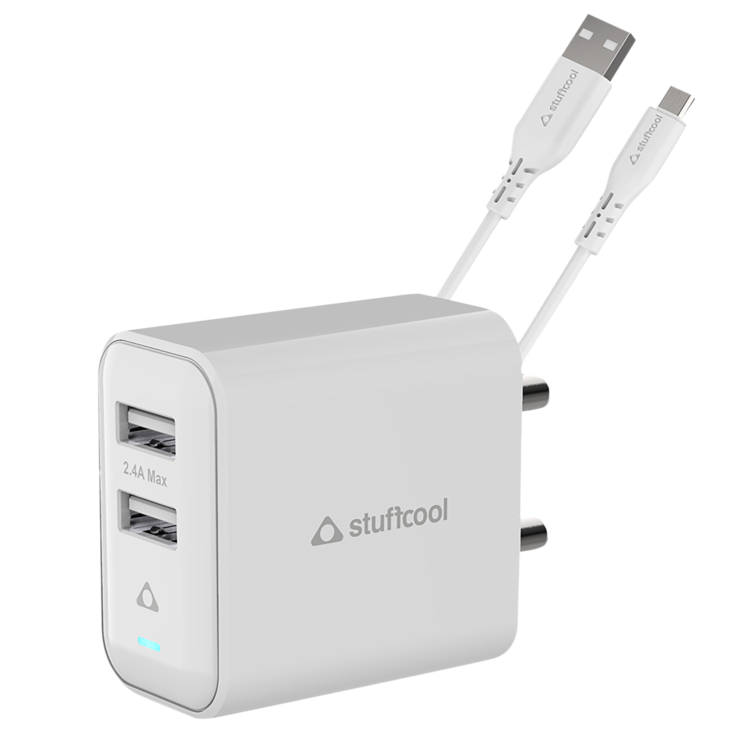 Stuffcool Flow Type A 2-Port Fast Charger (Type A to Micro USB Cable, Auto Detect Smart IC, White)