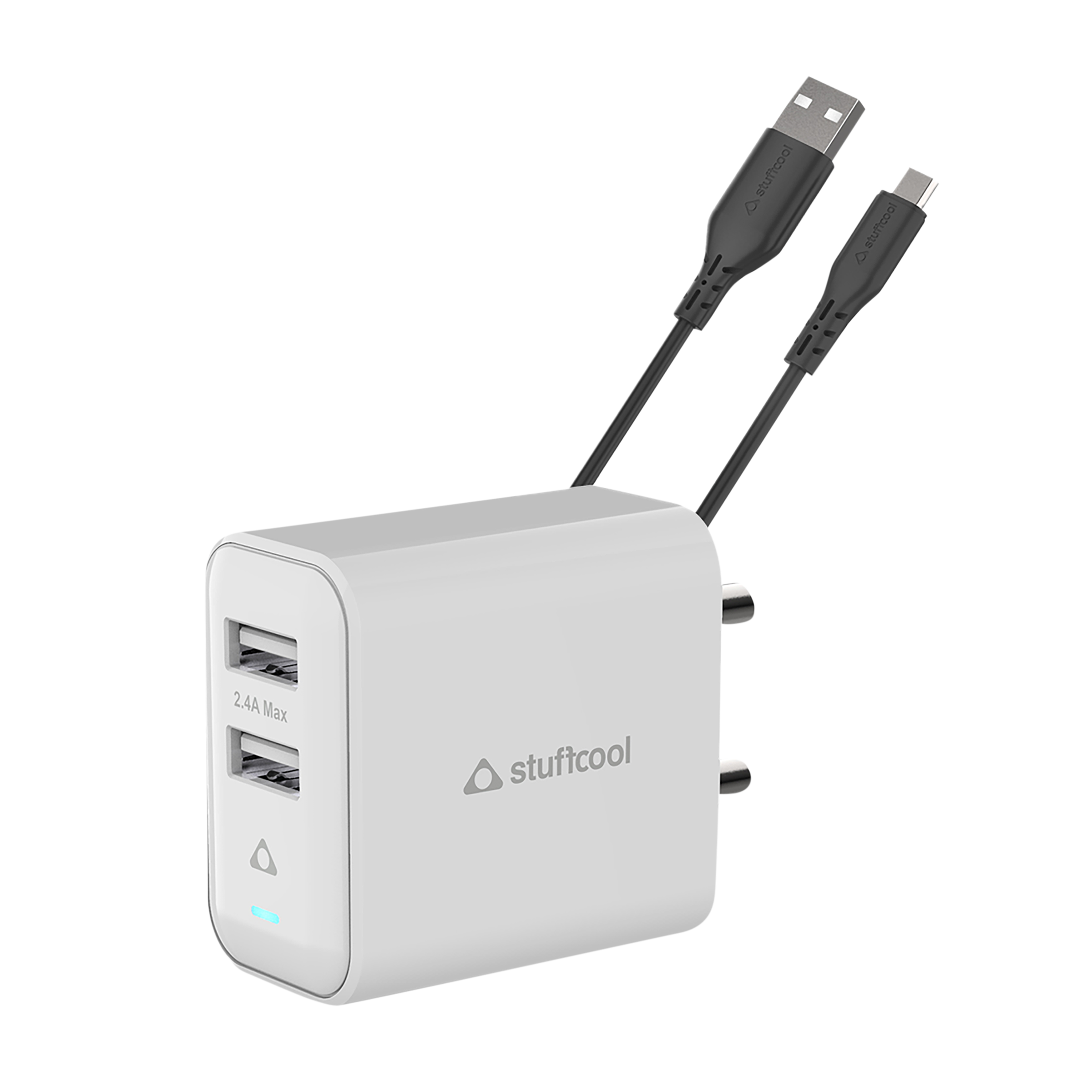 Stuffcool Flow Type A 2-Port Fast Charger (Type A to Type C Cable, Auto Detect Smart IC, White)