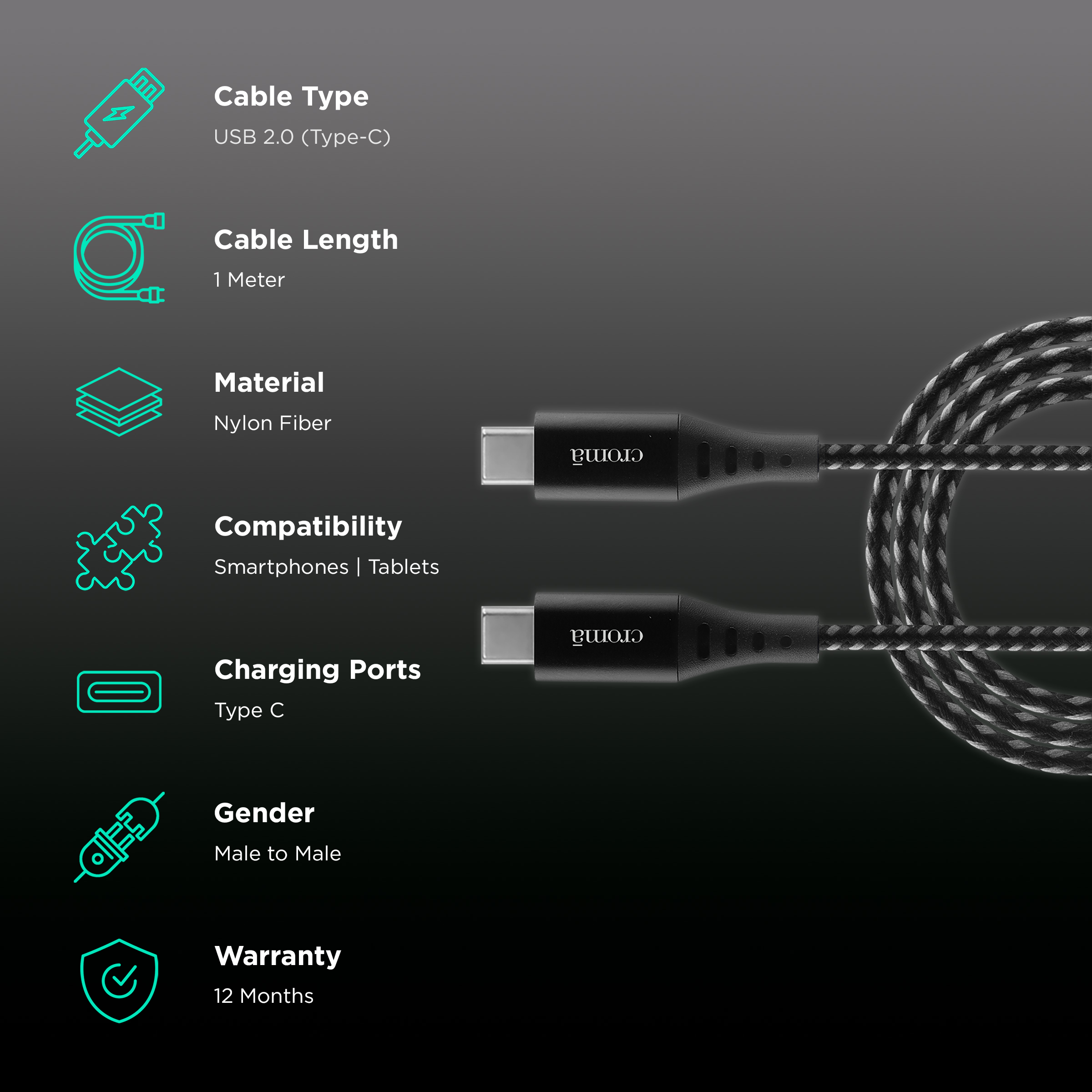 Croma Type C to Type C 3.3 Feet (1M) Cable (Nylon Braided, Grey)_2