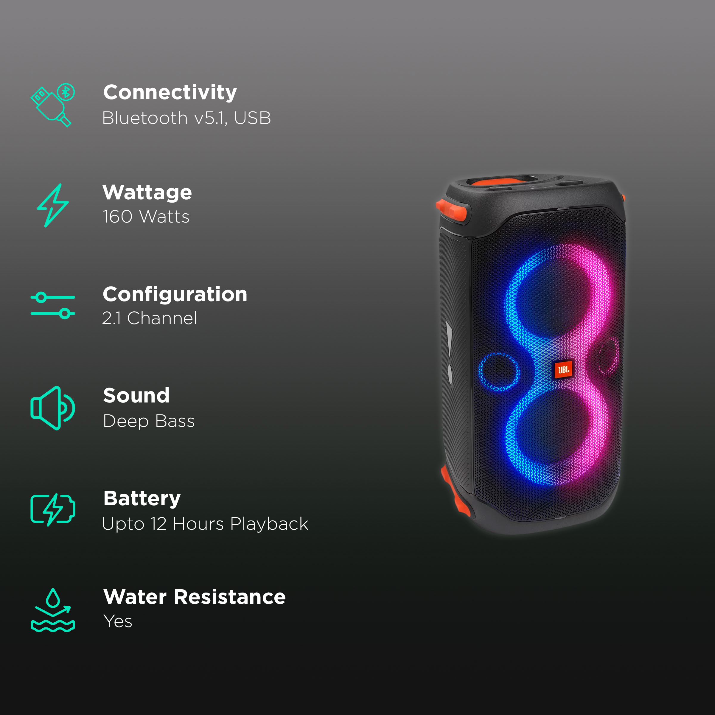 Black) Speaker Online (Waterproof, 160W Party Buy Bluetooth JBL 110 PartyBox – Channel, 2.1 Croma