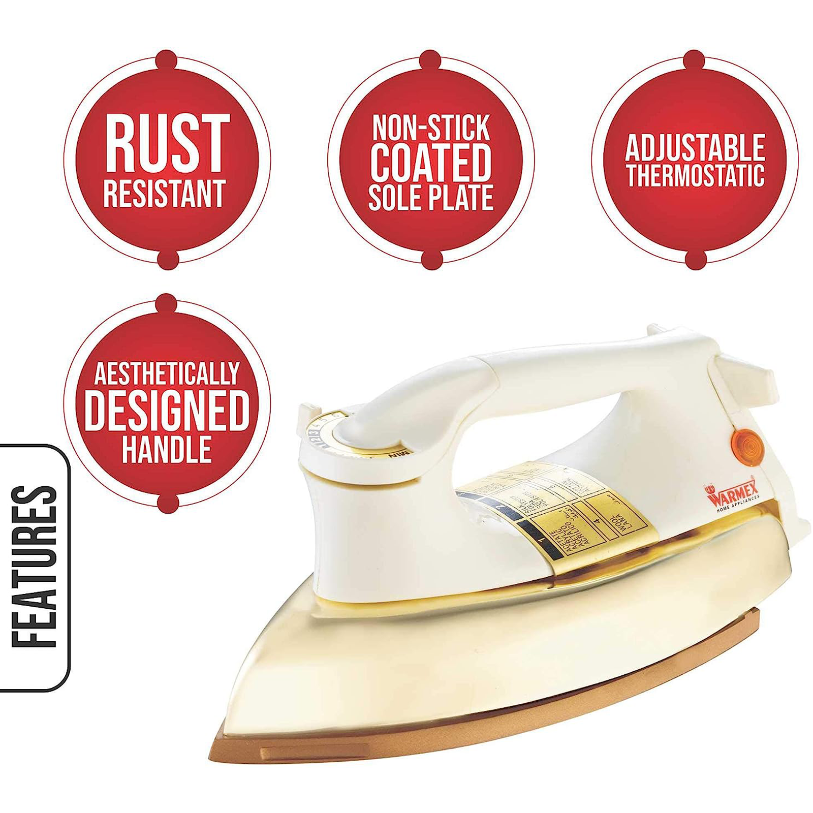 Warmex 1000 Watts Dry Iron (Auto Shut Off, DI 999, Ivory and Golden)_2