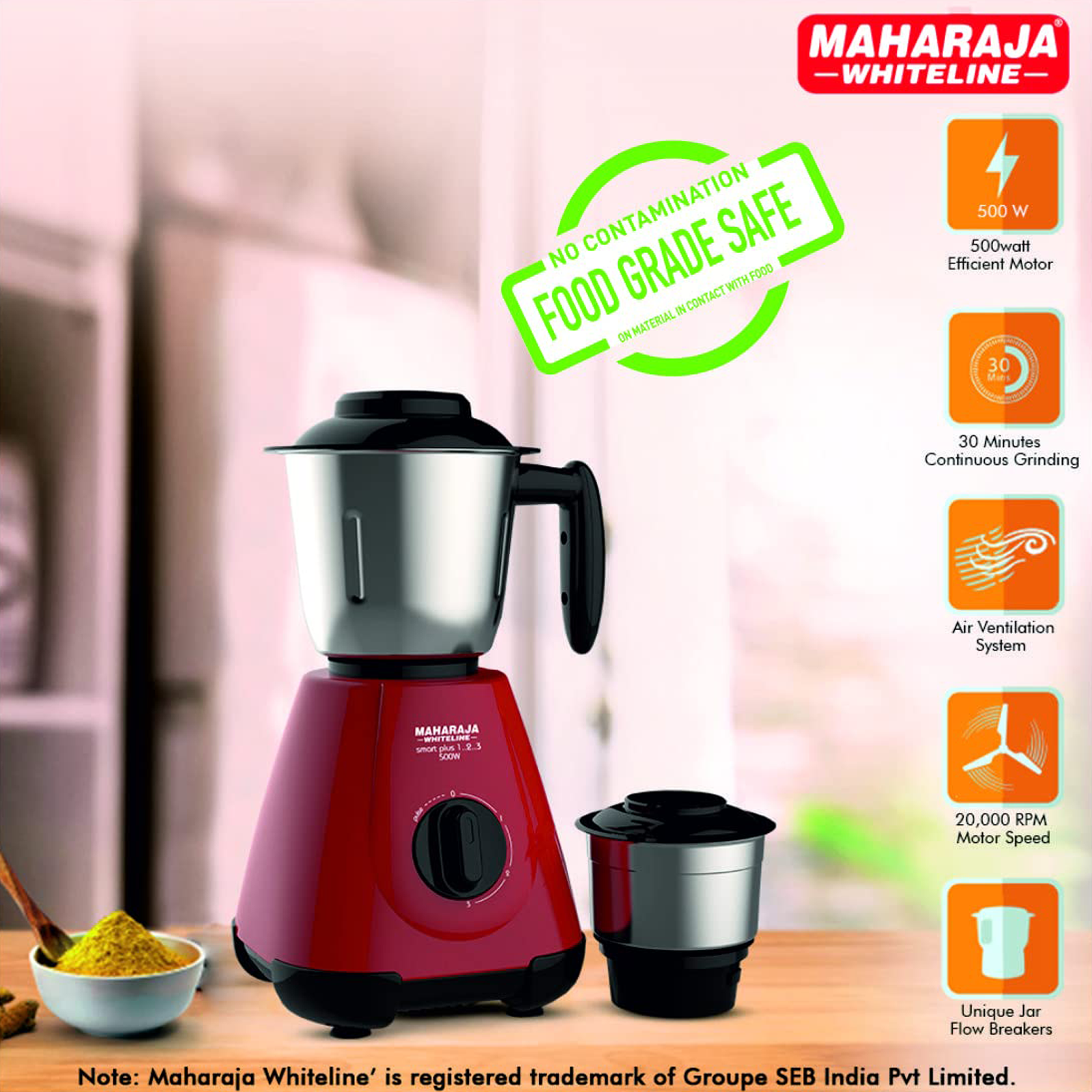 Buy Maharaja Whiteline Mark 1 450 Watt 2 Jars Juicer Mixer Grinder  (Multi-Functional Blade System, White/Red) Online - Croma