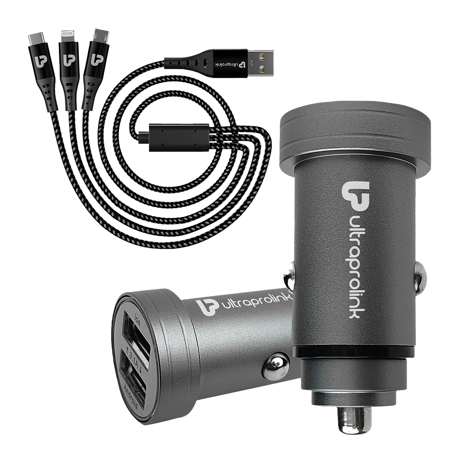 

Ultraprolink ZIPKIT 2.4 Amp 2 USB Ports Car Charger (3-in-1 cable, UM1109, Grey)