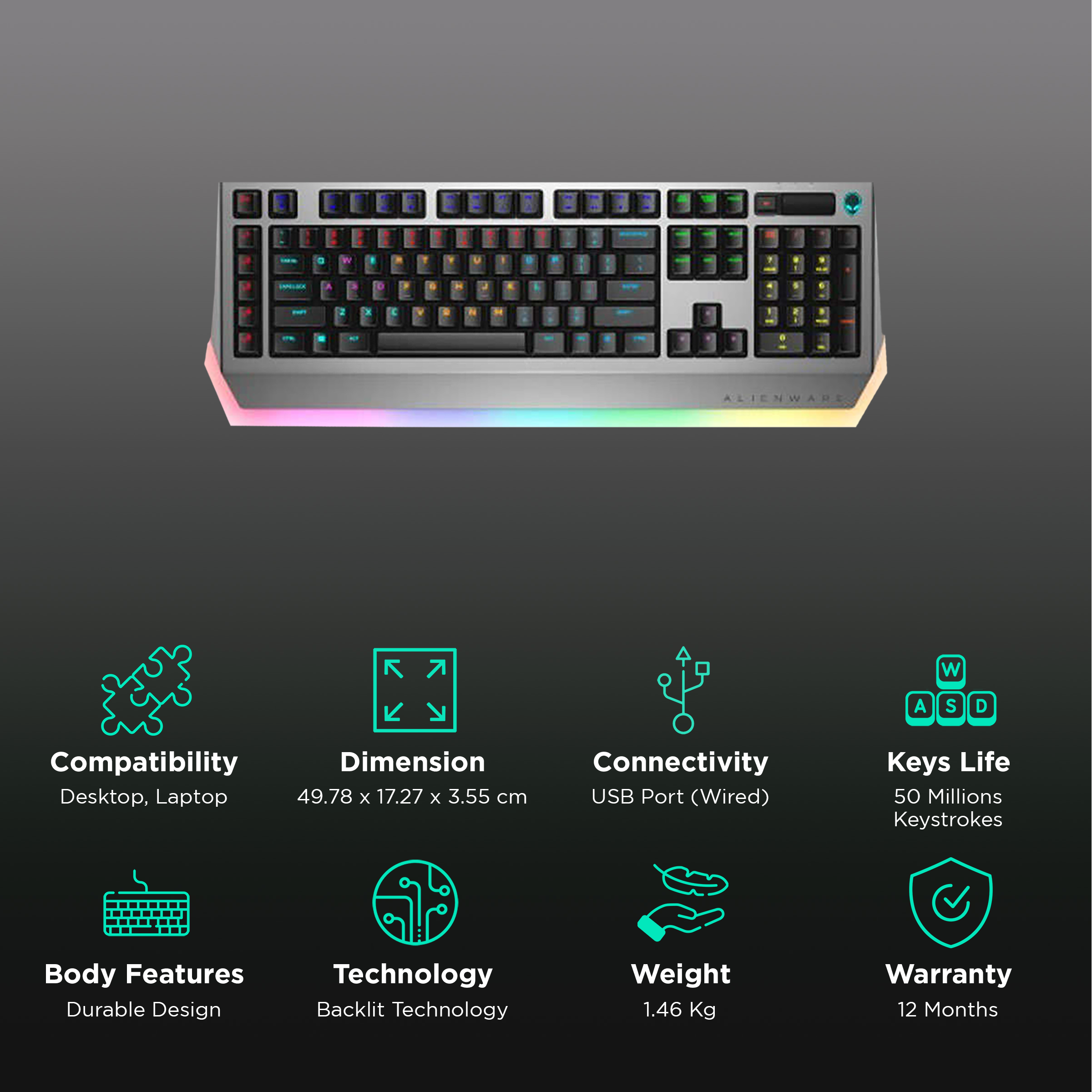 Dell Alienware Pro Mechanical AW768 Wired Gaming Keyboard with Backlit Keys (Dedicated Volume Roller, Black)_2