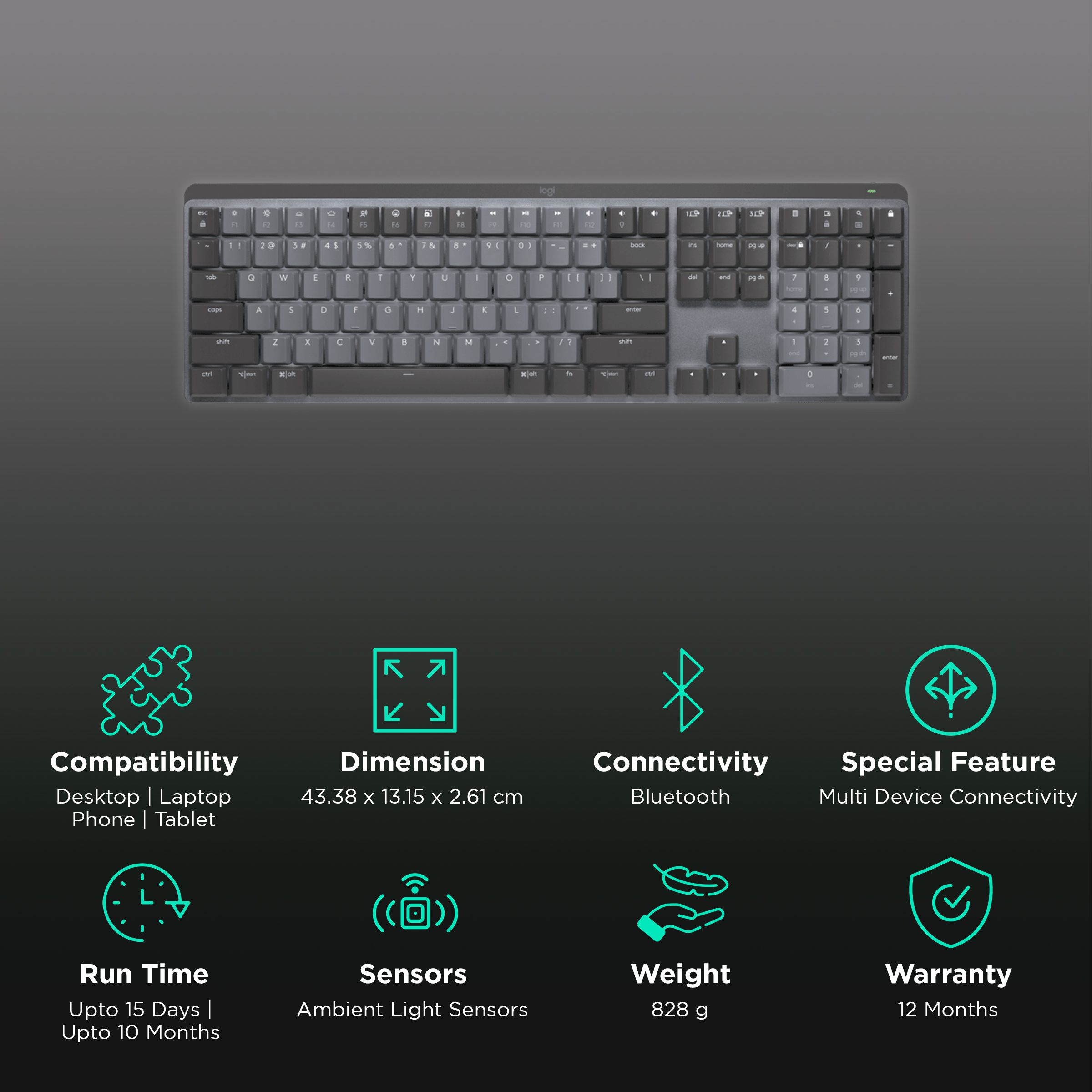 logitech MX Keys Mechanical Rechargeable Bluetooth Wireless Performance Keyboard with Multi Device Connectivity (Ambient Light Sensors, Graphite)_2
