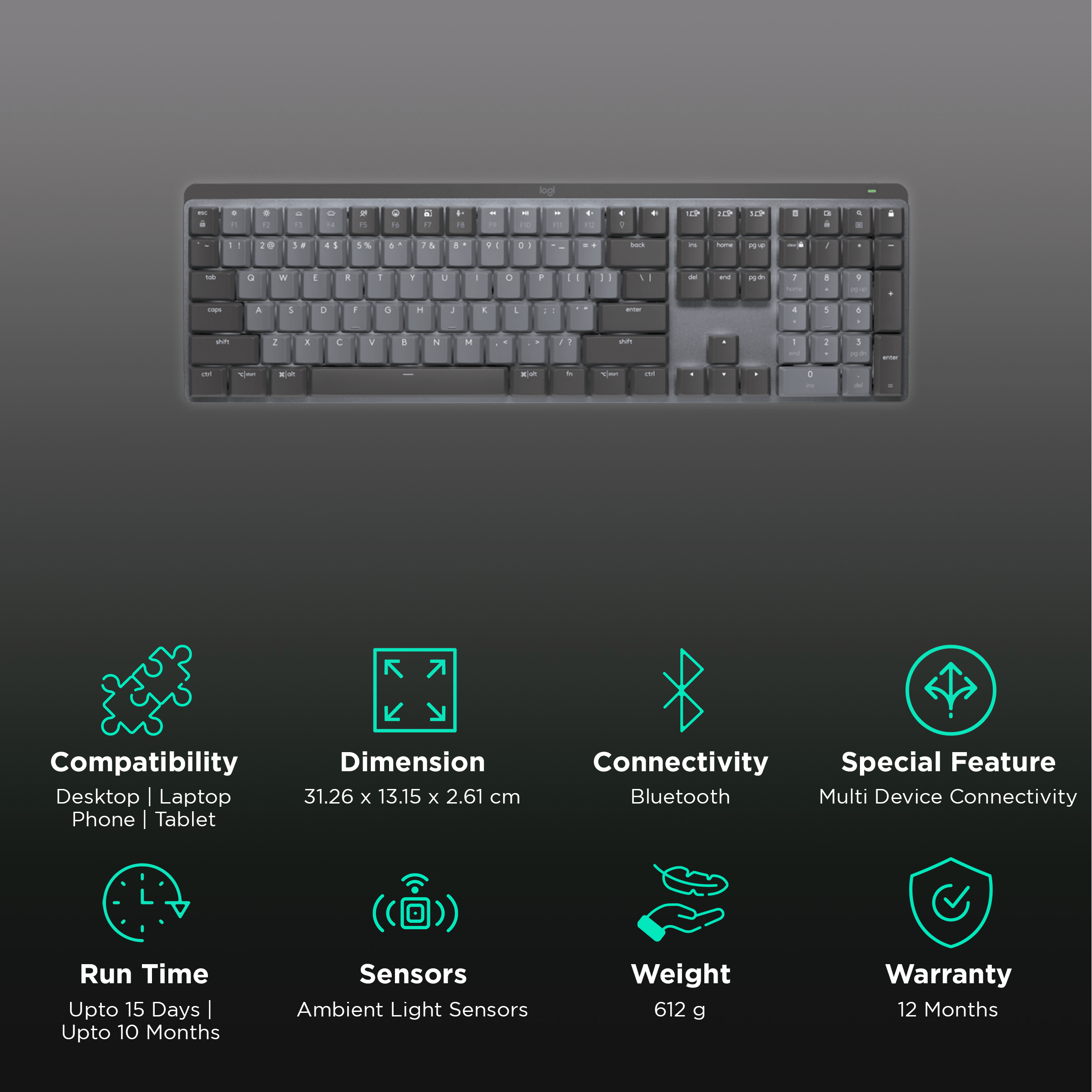 logitech MX Mechanical Mini Rechargeable Bluetooth Wireless Performance Keyboard with Multi Device Connectivity (Ambient Light Sensors, Graphite)_2