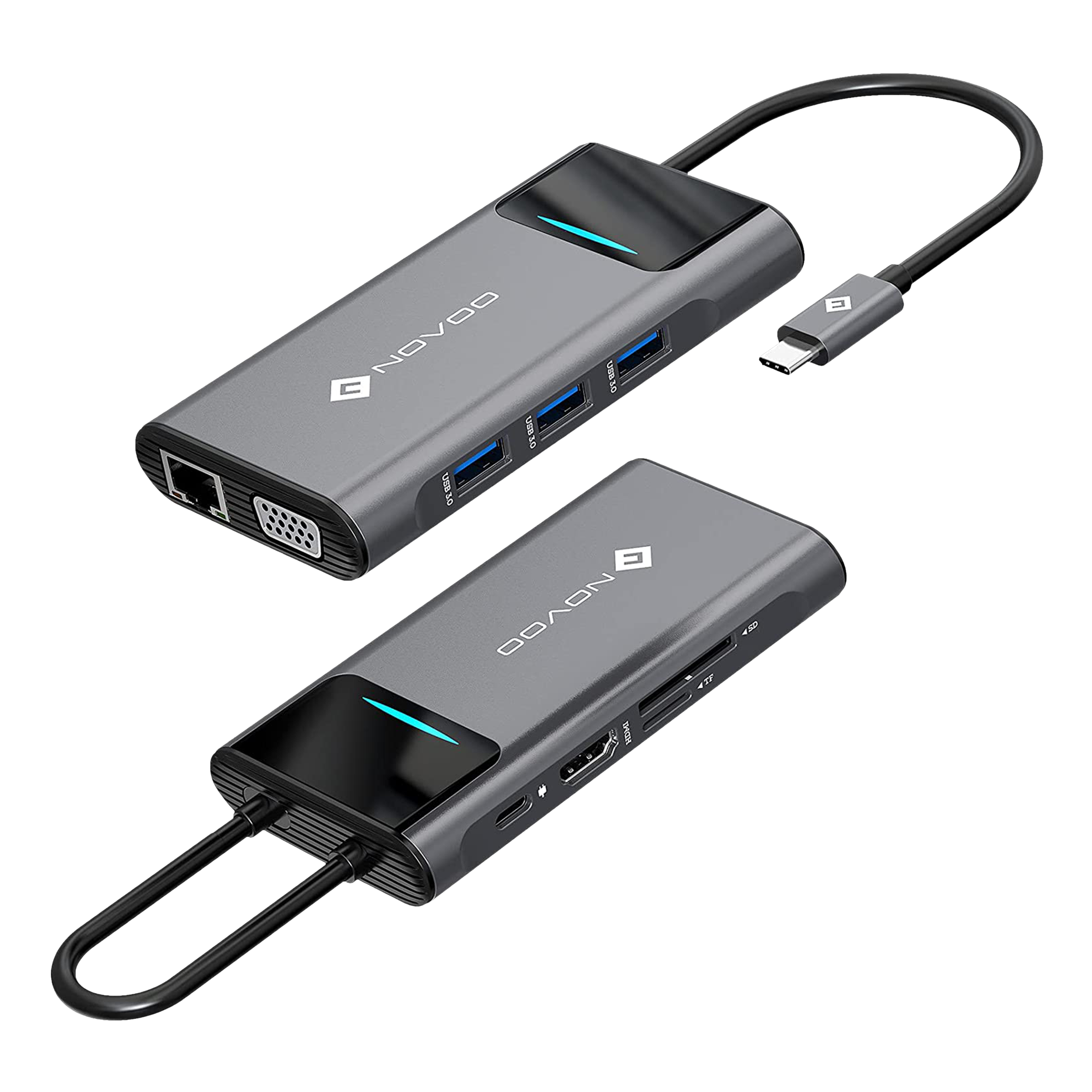 NOVOO Pro 9-in-1 USB 3.0 Type C to USB Type C, HDMI, SD Card Slot, TF Card, USB 3.0 Type A, VGA Port, LAN Port Multi-Port Hub (With LED Screen, Dark Grey)