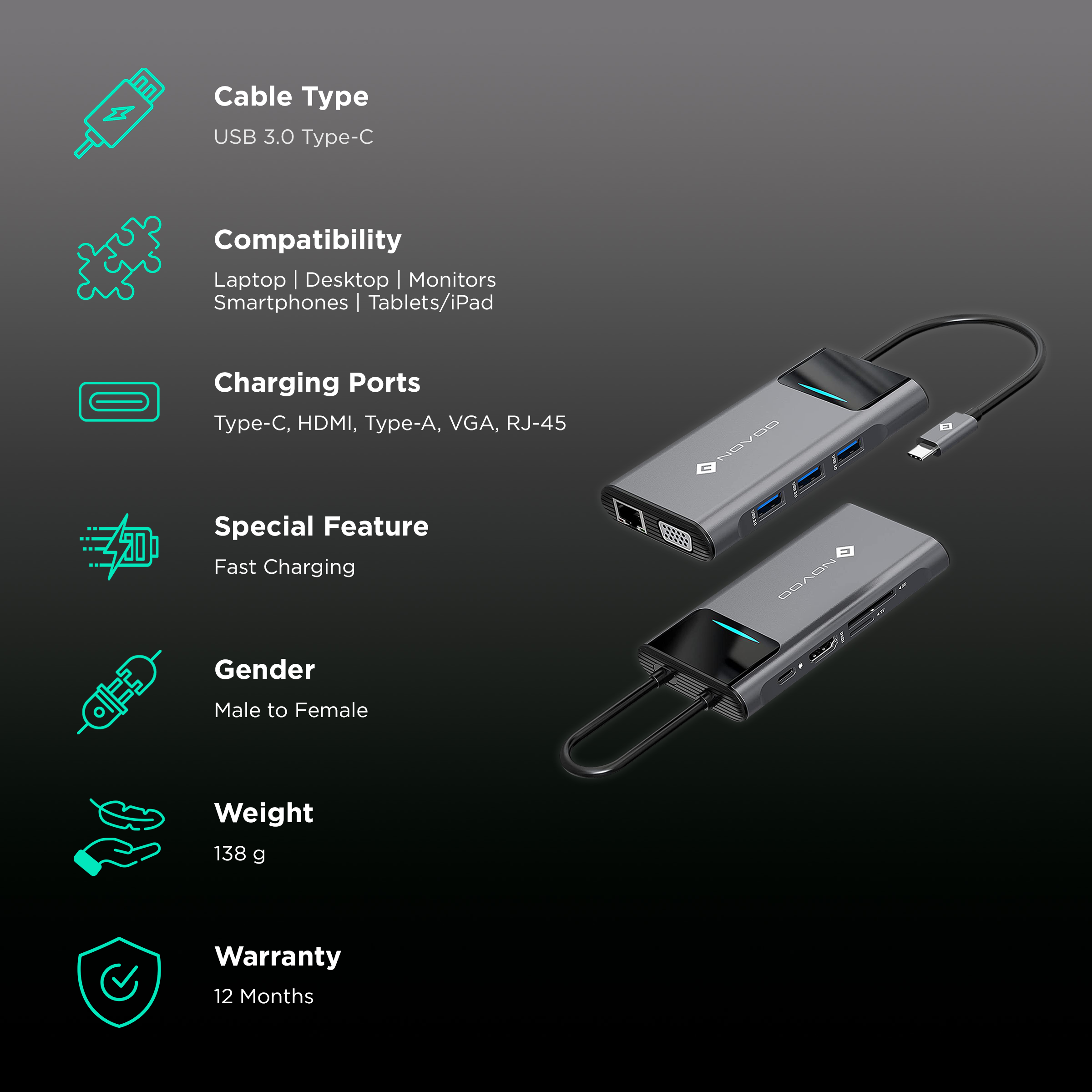 Novoo 9 in1 Type C 9 Port Hub Type C to 3 USB 3.0+SD/TF+HDMI+PD+