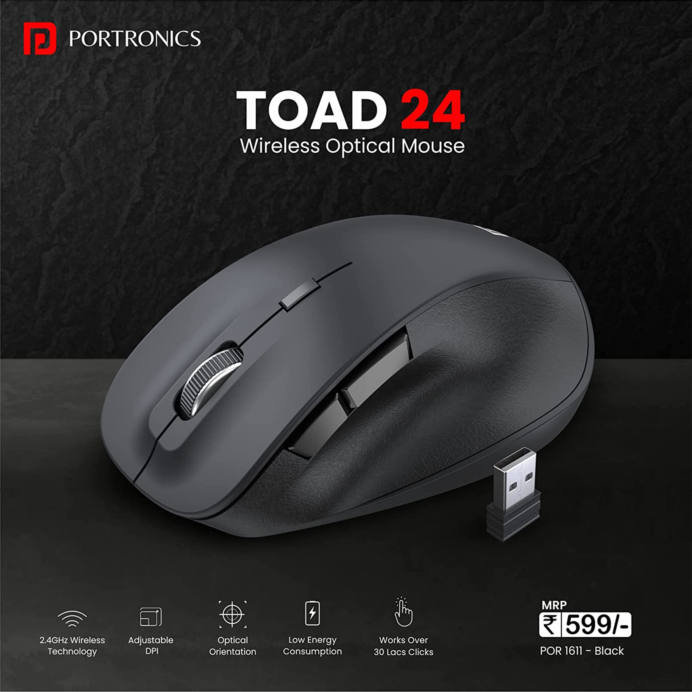 Buy Portronics Toad 24 Wireless Optical Mouse (1600 DPI Adjustable,  Ergonomic Design, Black) Online – Croma