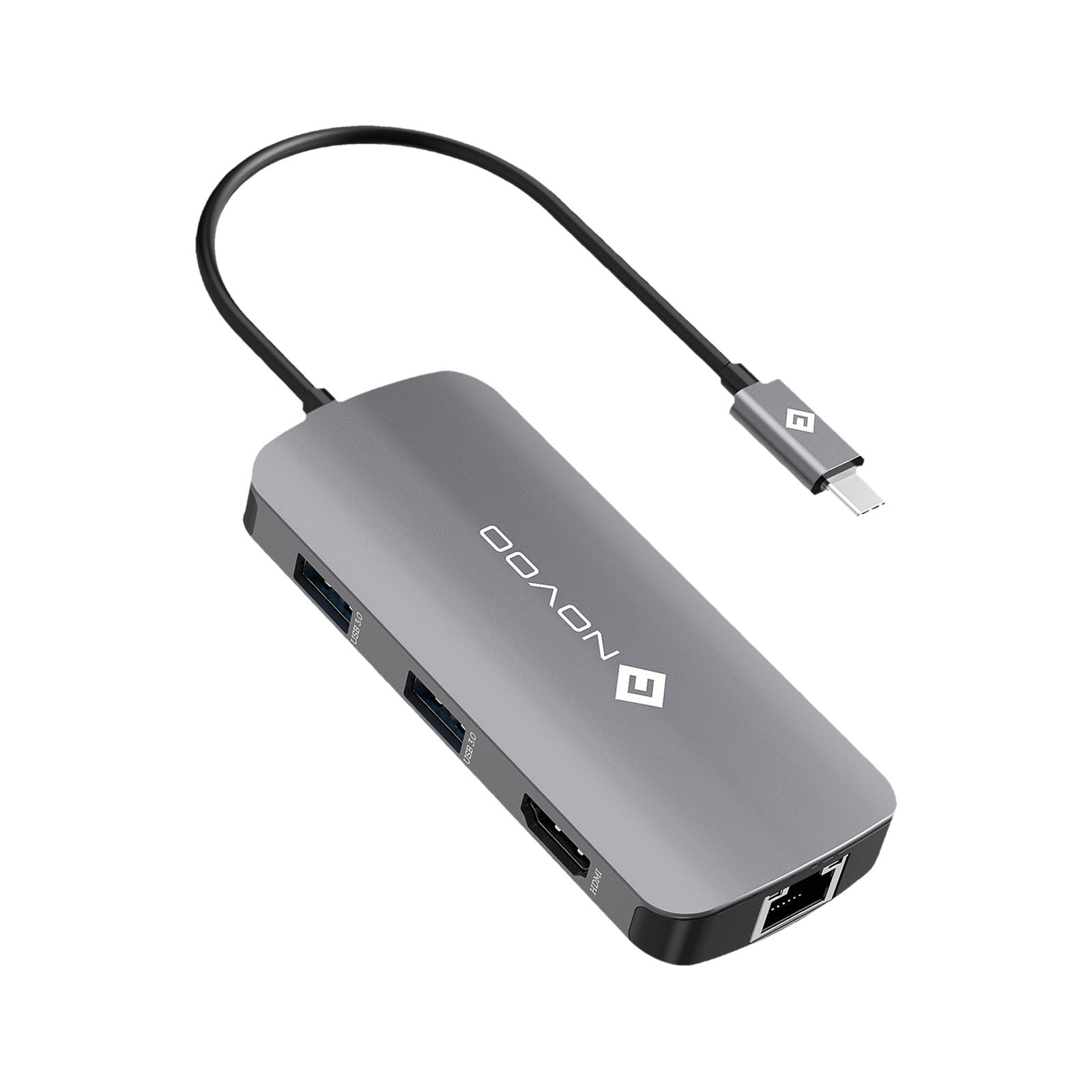 NOVOO 7-in-1 USB 3.0 Type C to USB 2.0 Type C, USB 2.0 Type A, USB 3.0 Type A, HDMI, LAN Port USB Hub (Pass-Through Charging, Dark Grey)