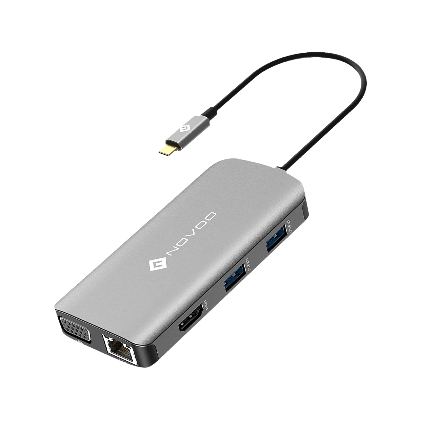 NOVOO 9-in-1 USB 3.1 Type C to USB 3.0 Type A, USB 3.0 Type C, HDMI, VGA Port, LAN Port, SD Card Slot, TF Card USB Hub (Pass-Through Charging, Dark Grey)