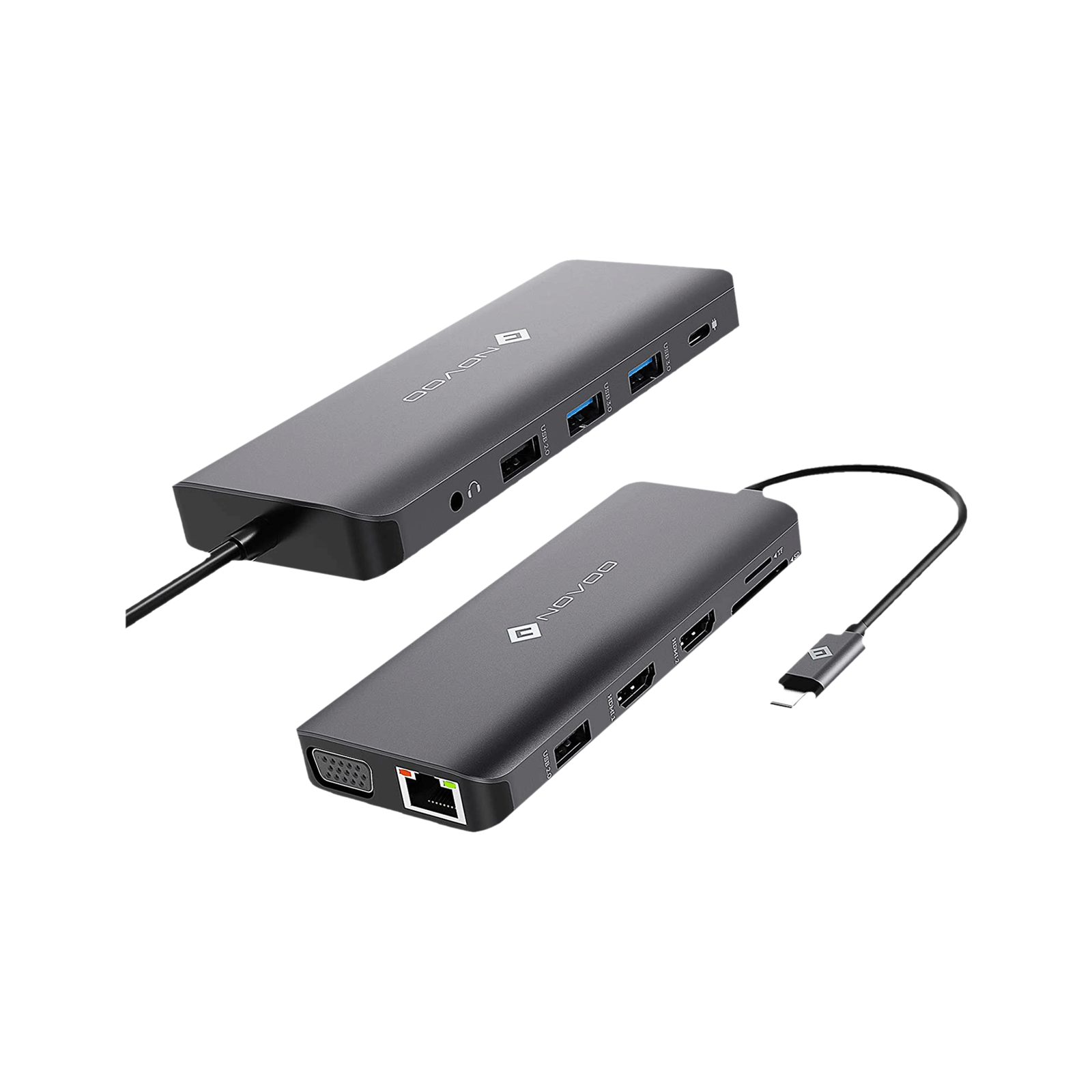 NOVOO 12-in-1 USB 3.0 Type C to USB 2.0 Type A, USB 3.0 Type A, USB Type C, SD Card Slot, HDMI, LAN Port, VGA Port, TF Card, 3.5mm Stereo USB Hub (Triple Display Monitor, Dark Grey)