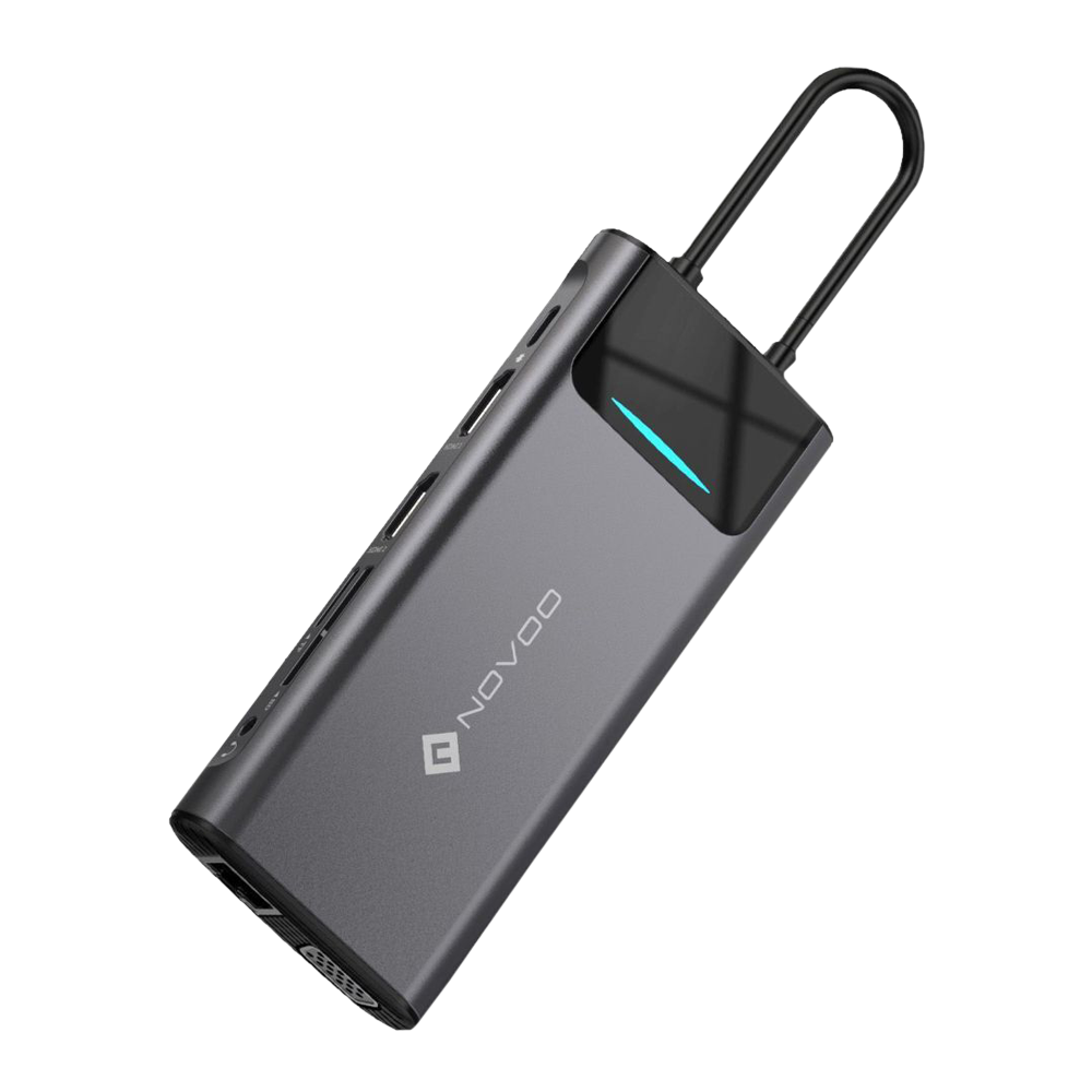 NOVOO 12-in-1 USB 3.0 Type C to USB 2.0 Type A, USB 3.0 Type A, USB Type C, HDMI, SD Card Slot, TF Card, VGA Port, LAN Port, 3.5mm Stereo Multi-Port Hub (With LED Screen, Dark Grey)