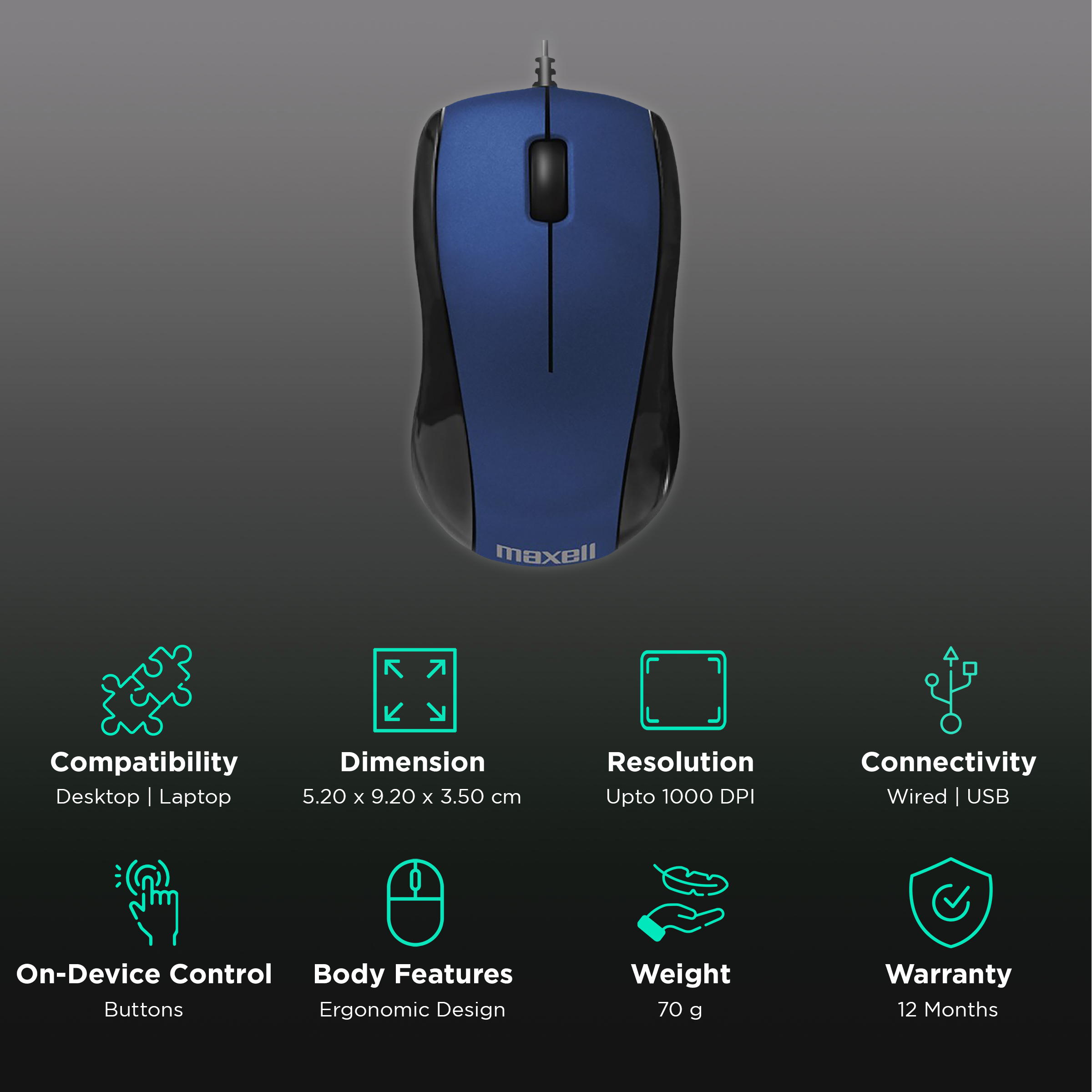 Maxell MOWR-101 Wired Optical Mouse (1000 DPI, Ergonomic Design, Dark Blue)_2