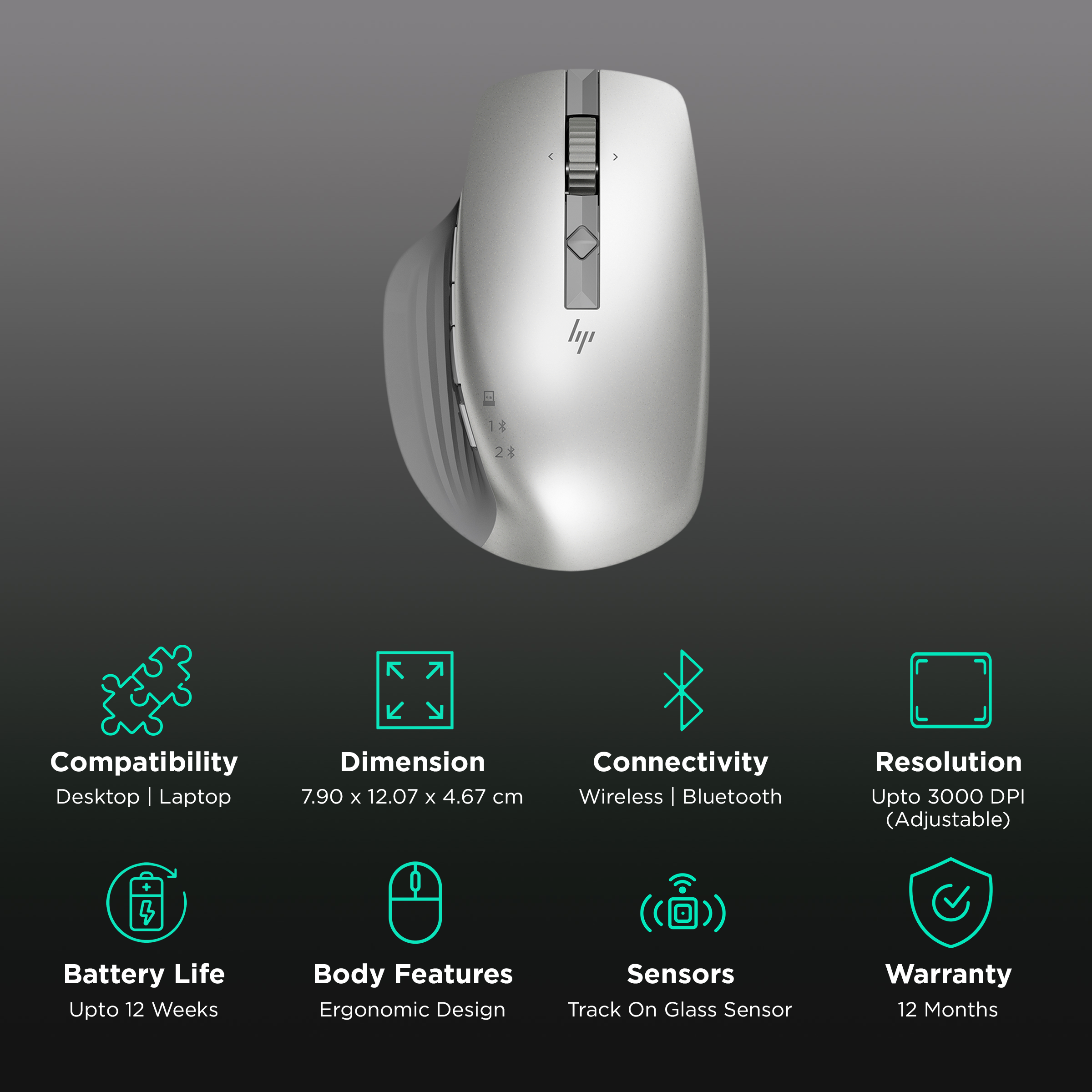 HP 930 Creator Wireless Optical Mouse with Customizable Buttons (3000 DPI  Adjustable, Ergonomic Design, Silver)