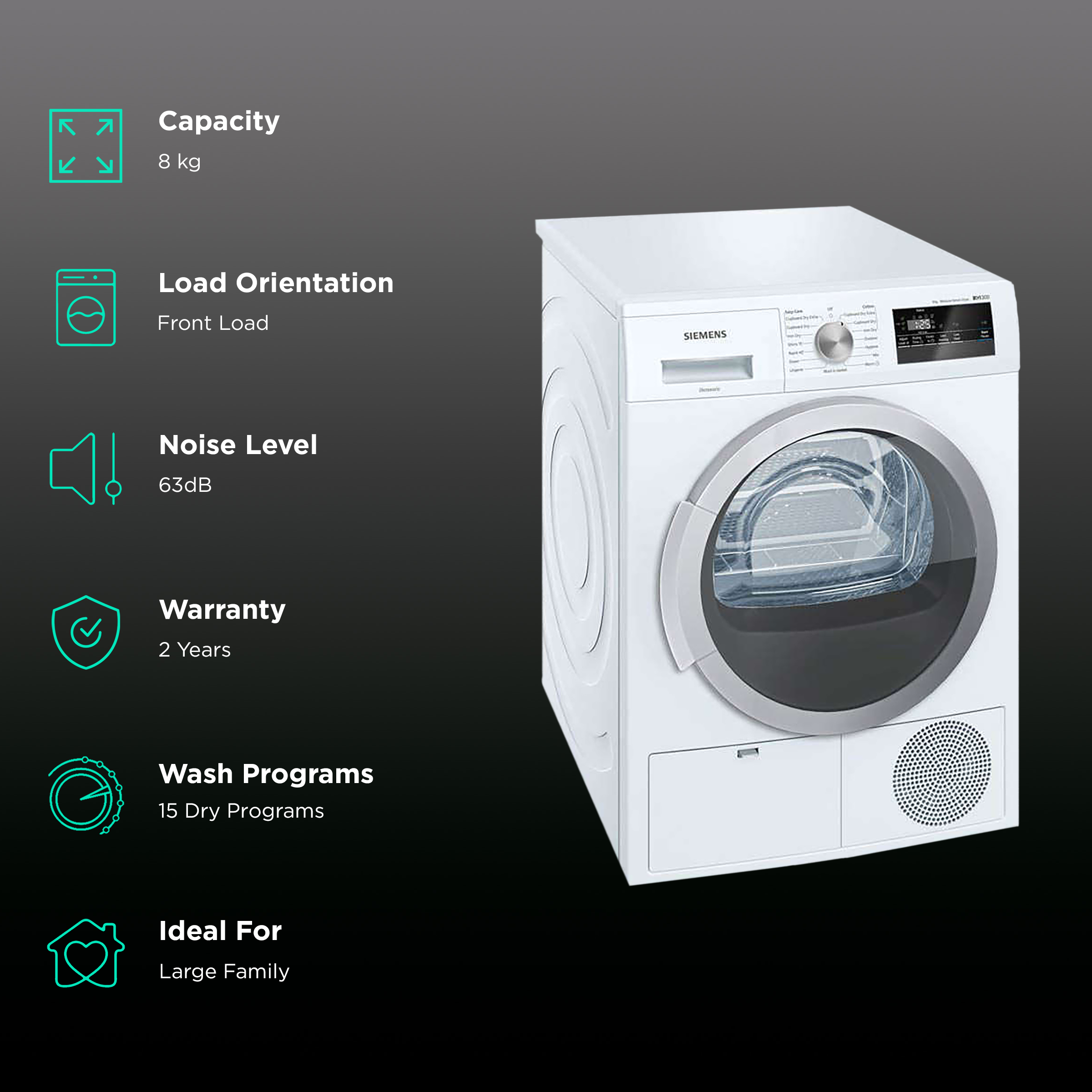 Siemens 8 kg Fully Automatic Front Load Dryer (iQ300, WT44B202IN, Softdry Drum System, White)_2