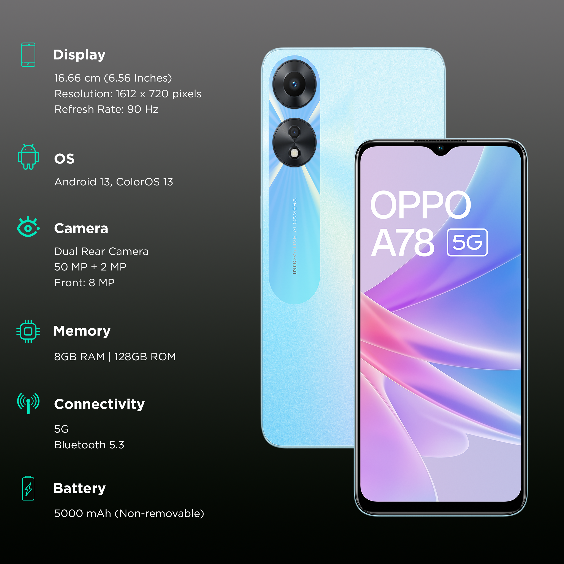 Buy Oppo A78 5G 128 GB, 8 GB RAM, Glowing Blue, Mobile Phone