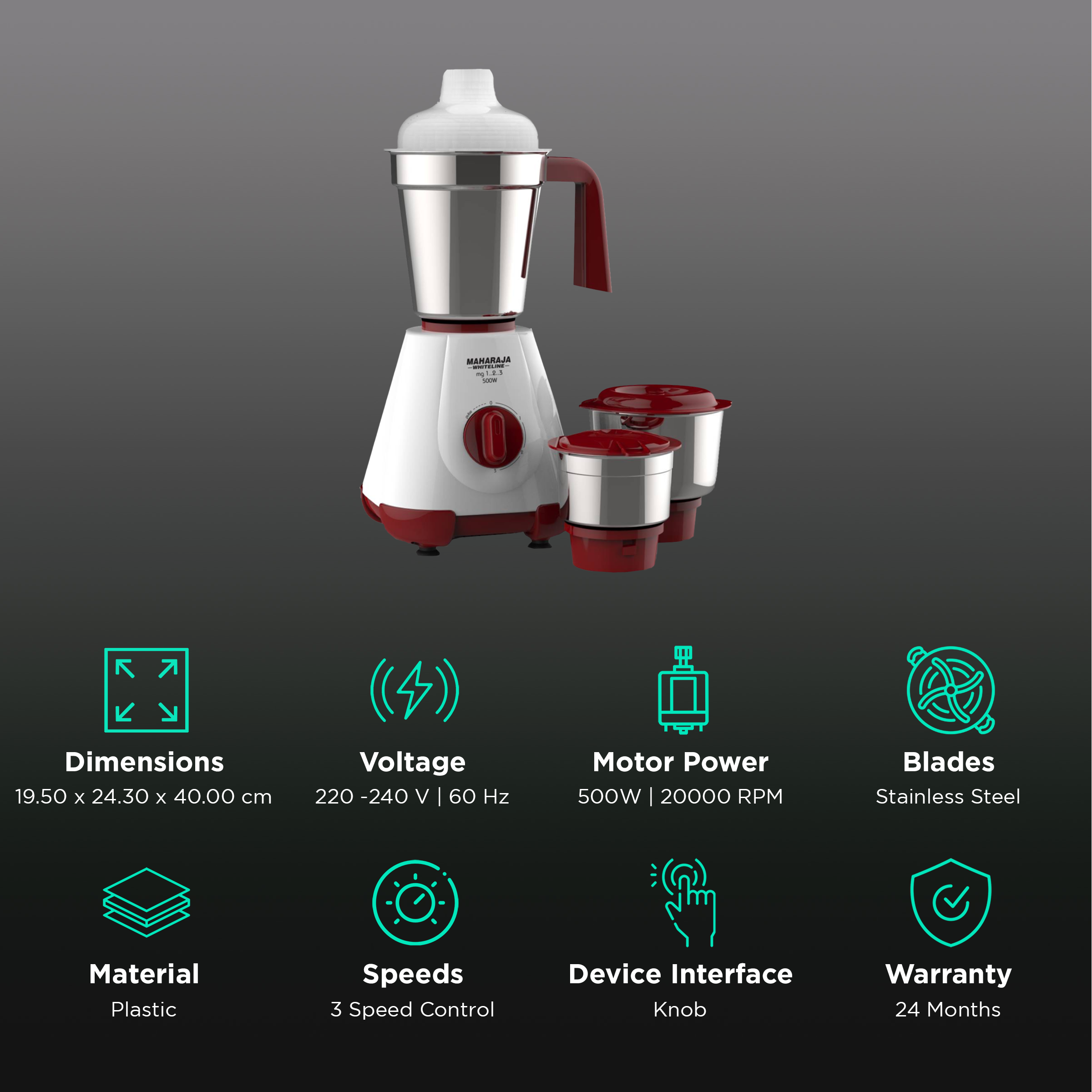 Buy Maharaja Whiteline Mark 1 450 Watt 2 Jars Juicer Mixer Grinder  (Multi-Functional Blade System, White/Red) Online - Croma