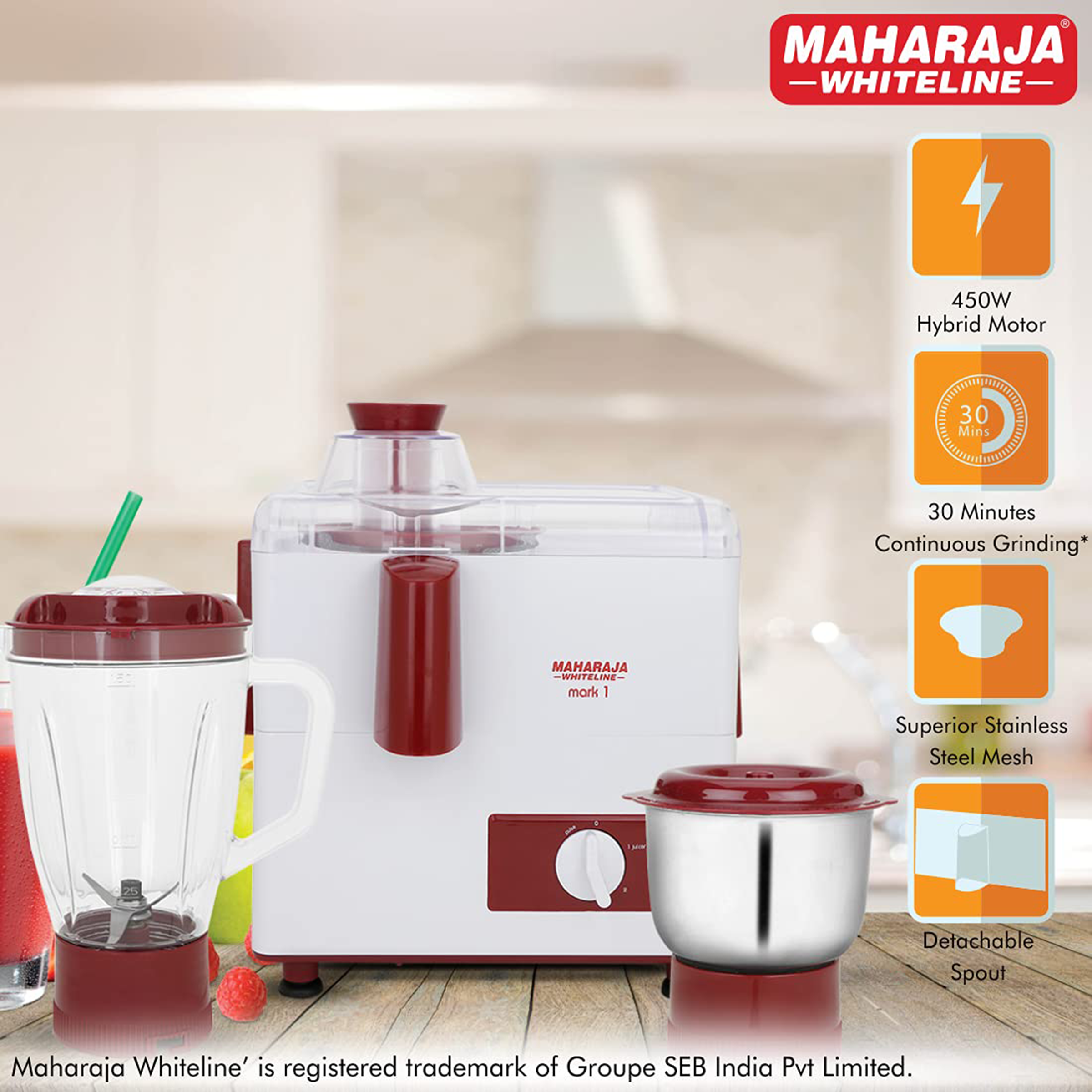 Buy Maharaja Whiteline Mark 1 450 Watt 2 Jars Juicer Mixer Grinder  (Multi-Functional Blade System, White/Red) Online - Croma