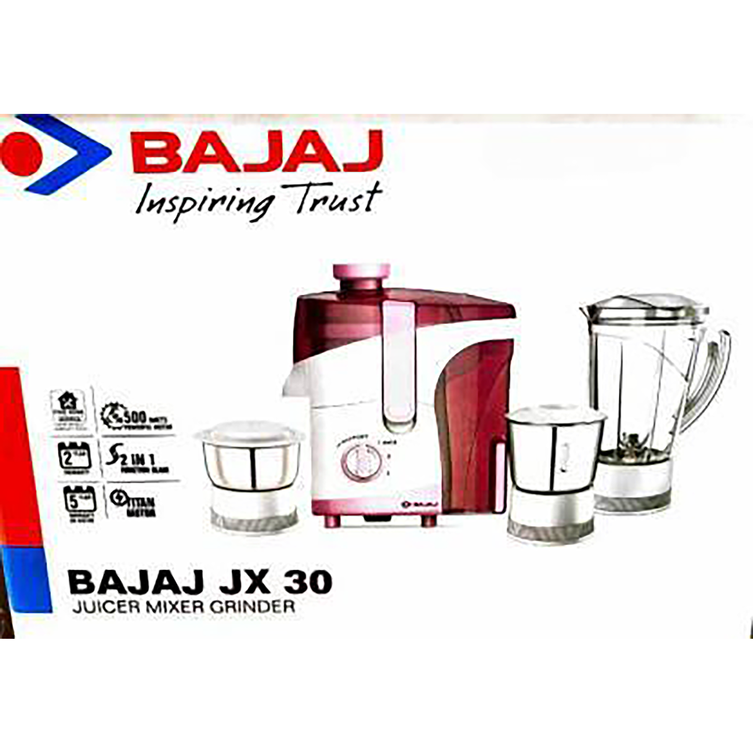 Buy Bajaj JX 30 500 Watt 3 Jars Juicer Mixer Grinder (18000 RPM, ISI  Approved, White/Pink) Online - Croma