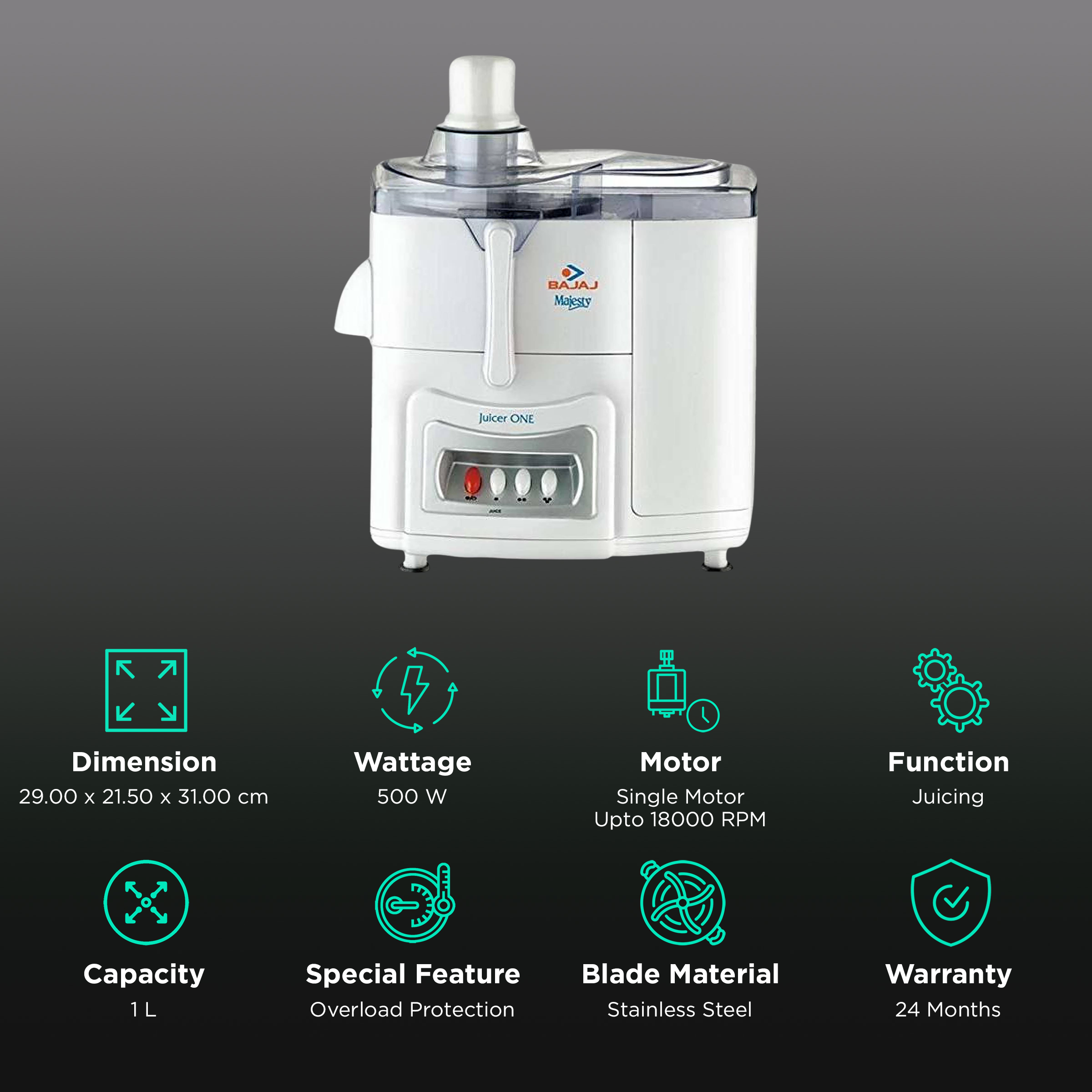 Bajaj Majesty Juicer One 500 Watt Juicer (18000 RPM, 3 Speed Control, White)_2