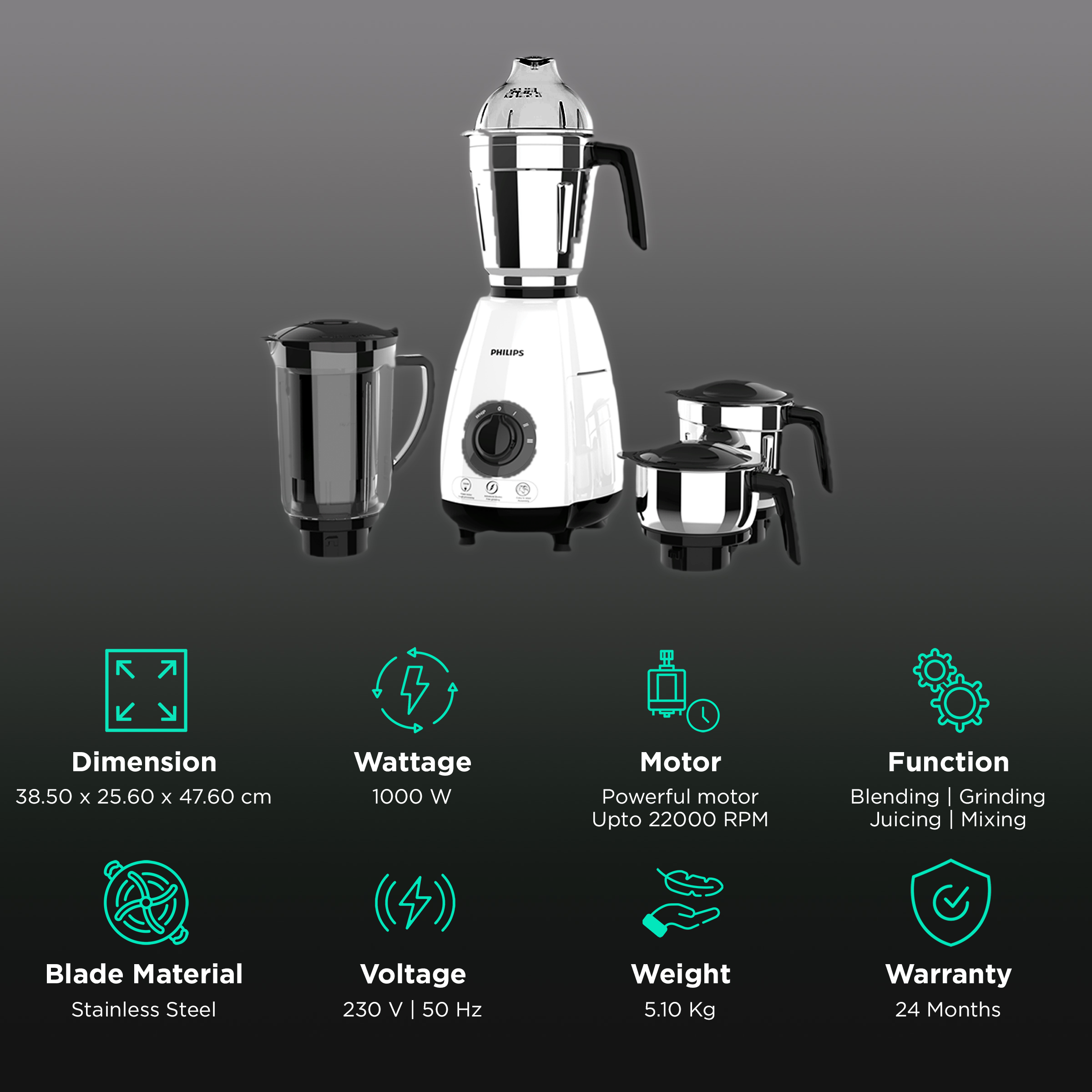 Philips HL7703/00 1000 Watt Mixer Grinder Copper Motor, 4 Jar with 5 Year Warranty on Motor