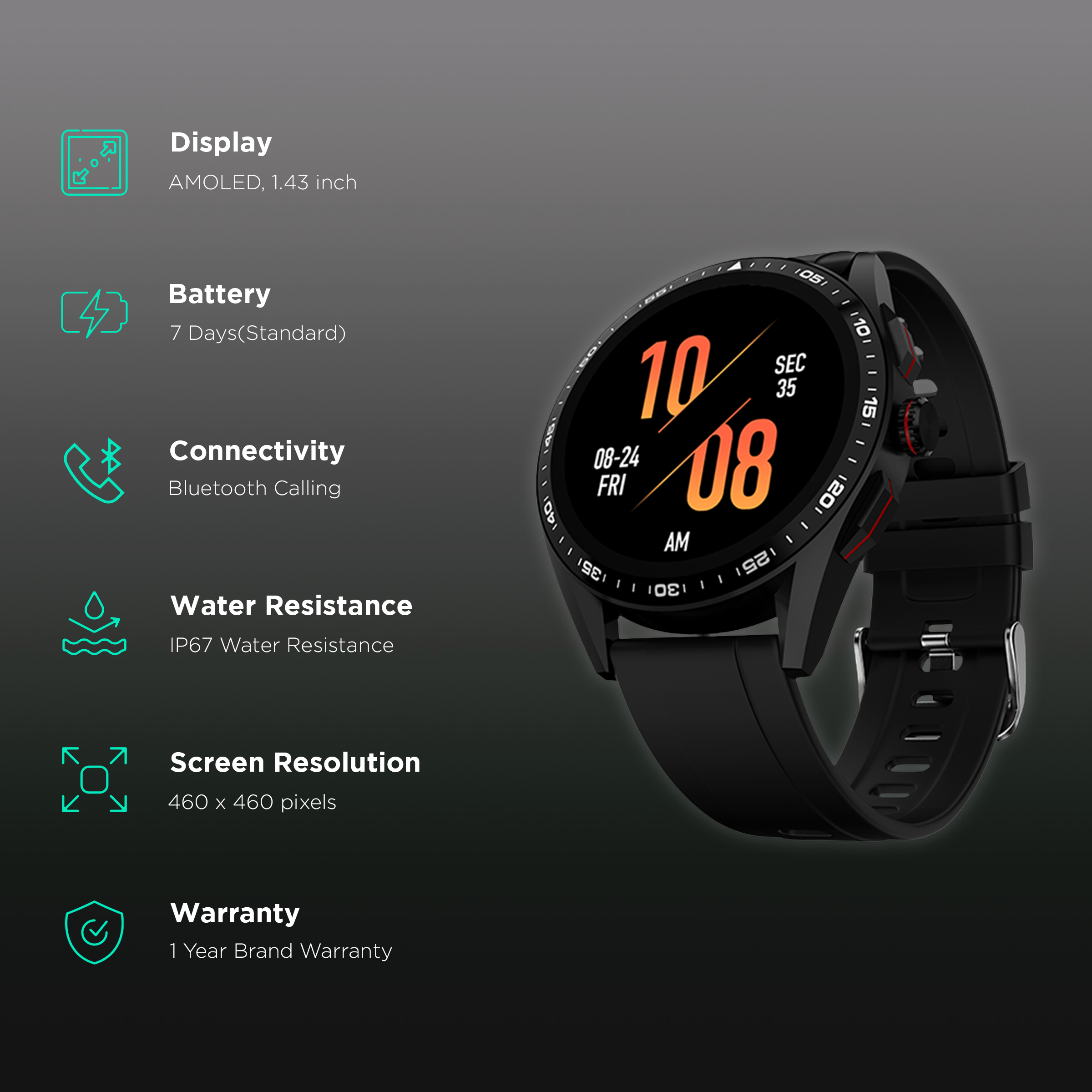 Fire-Boltt Invincible Plus Smartwatch with Bluetooth Calling (36.32mm AMOLED Display, IP67 Water Resistant, Black Strap)_2