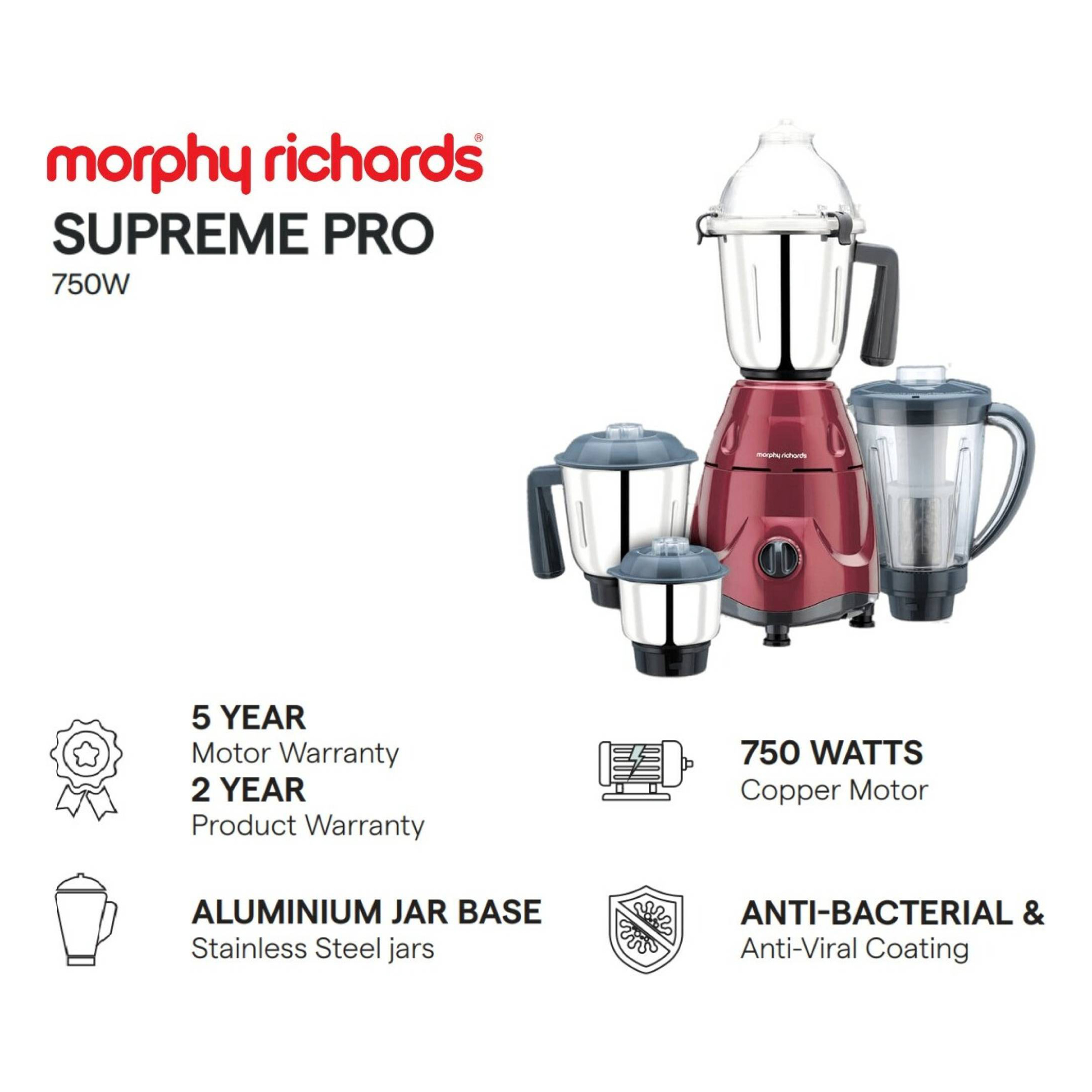 Morphy Richards Supreme Pro 750 W 750 Mixer Grinder (4 Jars, Maroon, Blue)  Price in India - Buy Morphy Richards Supreme Pro 750 W 750 Mixer Grinder (4  Jars, Maroon, Blue) Online at
