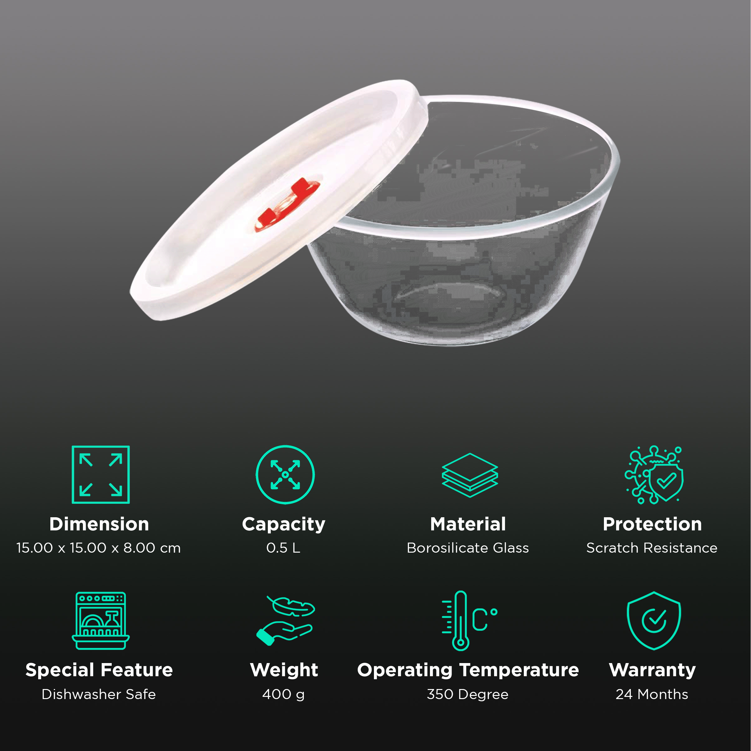 Borosil borosil glass mixing bowl with lid - set of 3 (500 ml + 900 ml +  1.3l) oven and microwave safe