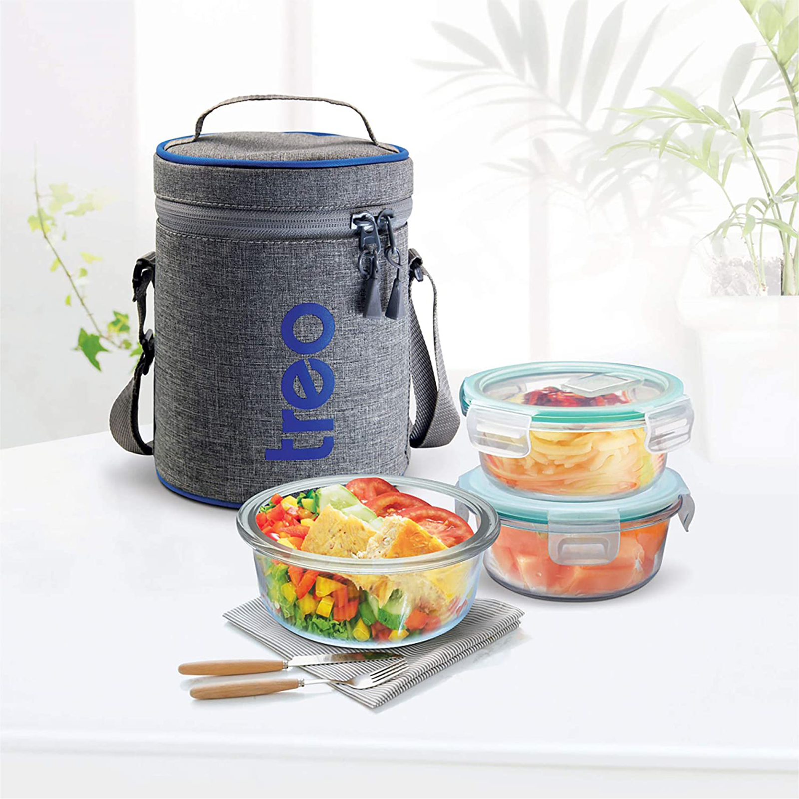 Glass Lunch Box Set of 3 400 Ml Round Microwave Safe office Tiffin Blue