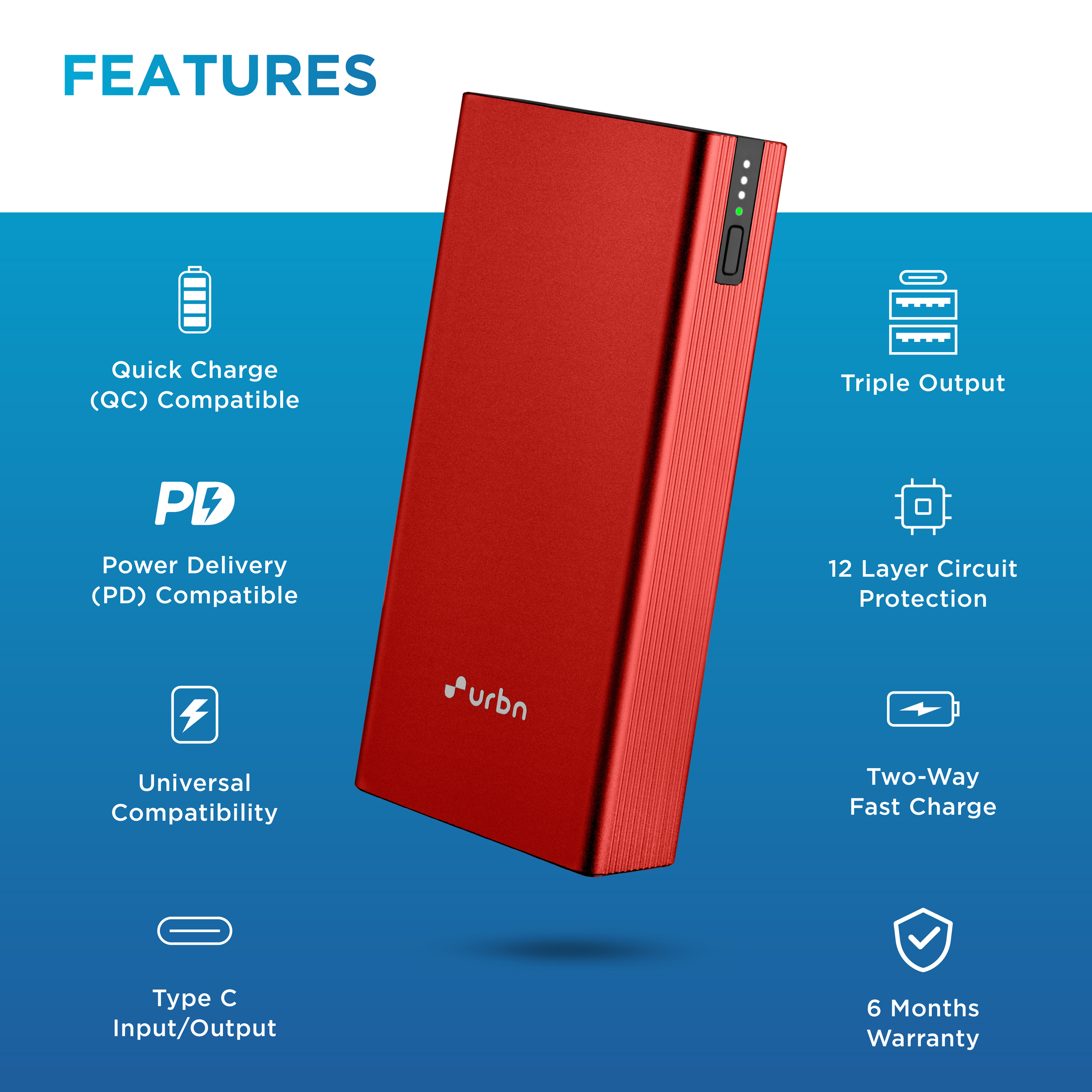 urbn 20000 mAh 20W Fast Charging Power Bank (2 Type A, 1 Type C & Micro B,  Premium Carbon Fibre Texture, LED Charge Indicator, Red)