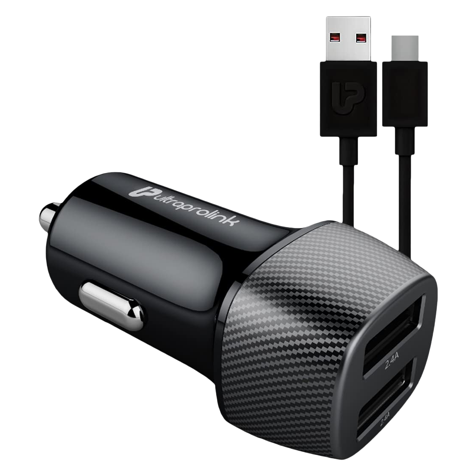ultraprolink Mach 24W Type A 2-Port Car Charger (Type A to Type C Cable, Smart Charge, Black)