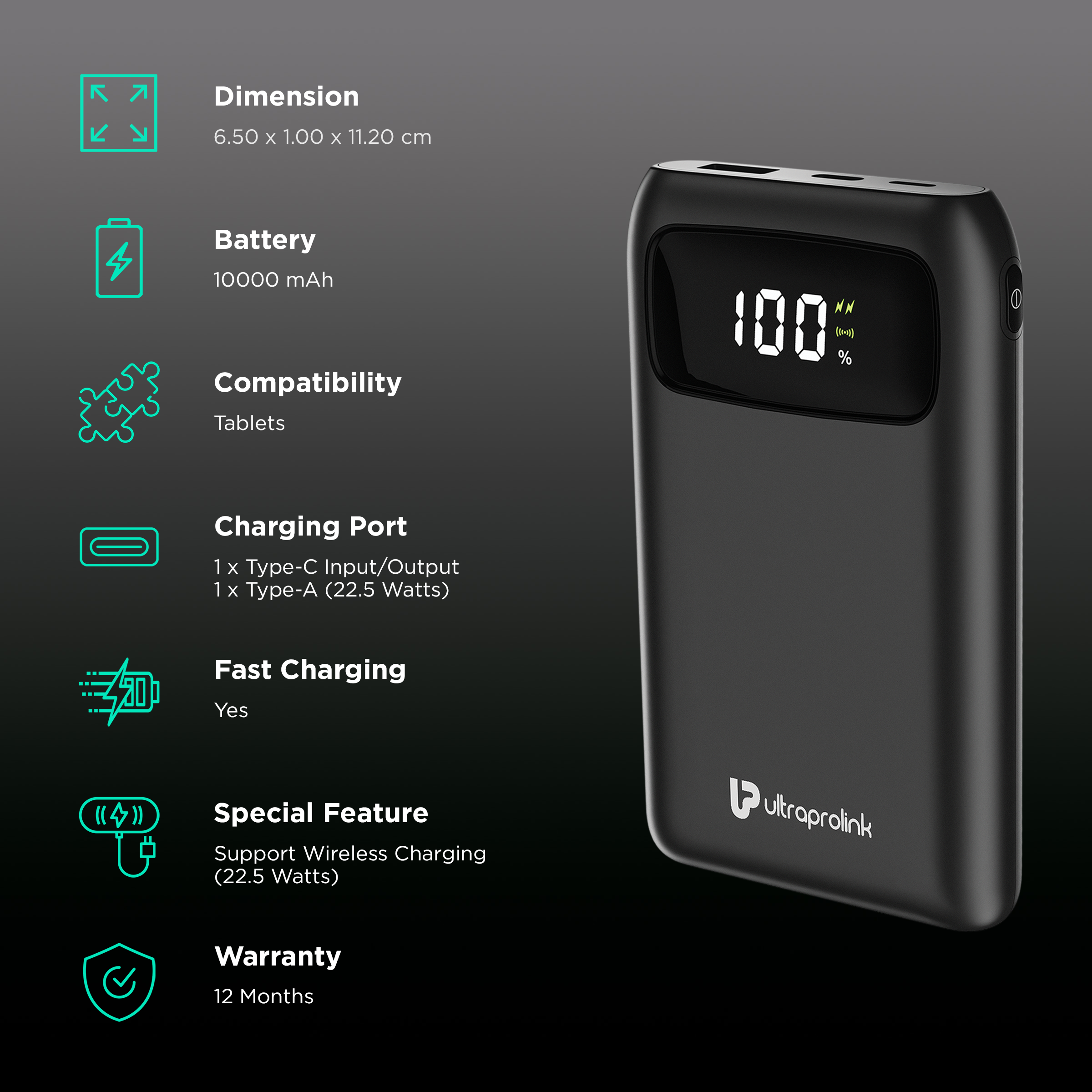 Buy ultraprolink Juice-Up 26800 mAh 100W Fast Charging Power Bank (2 Type A  & 1 Type C Ports, LED Indicators, Black) Online - Croma